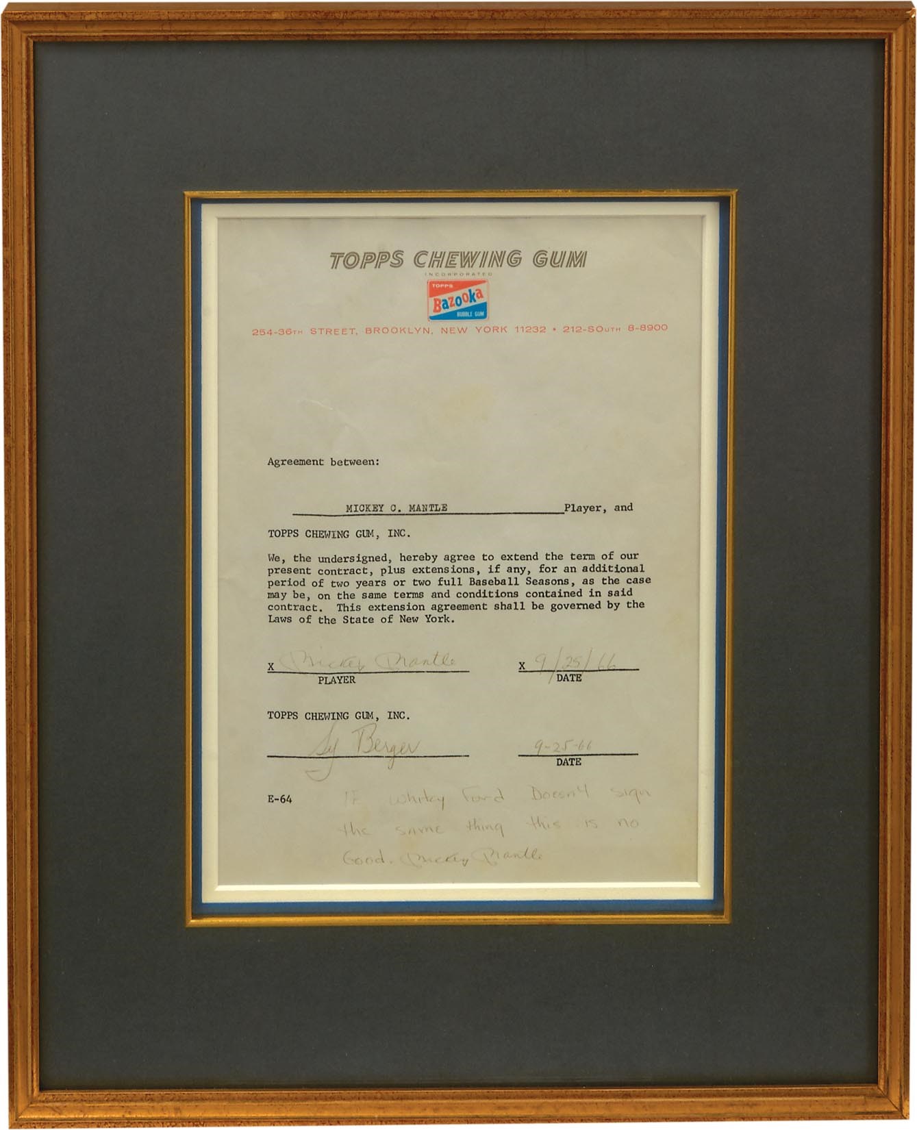 1966 Mickey Mantle Topps Signed Baseball Card Contract (PSA)