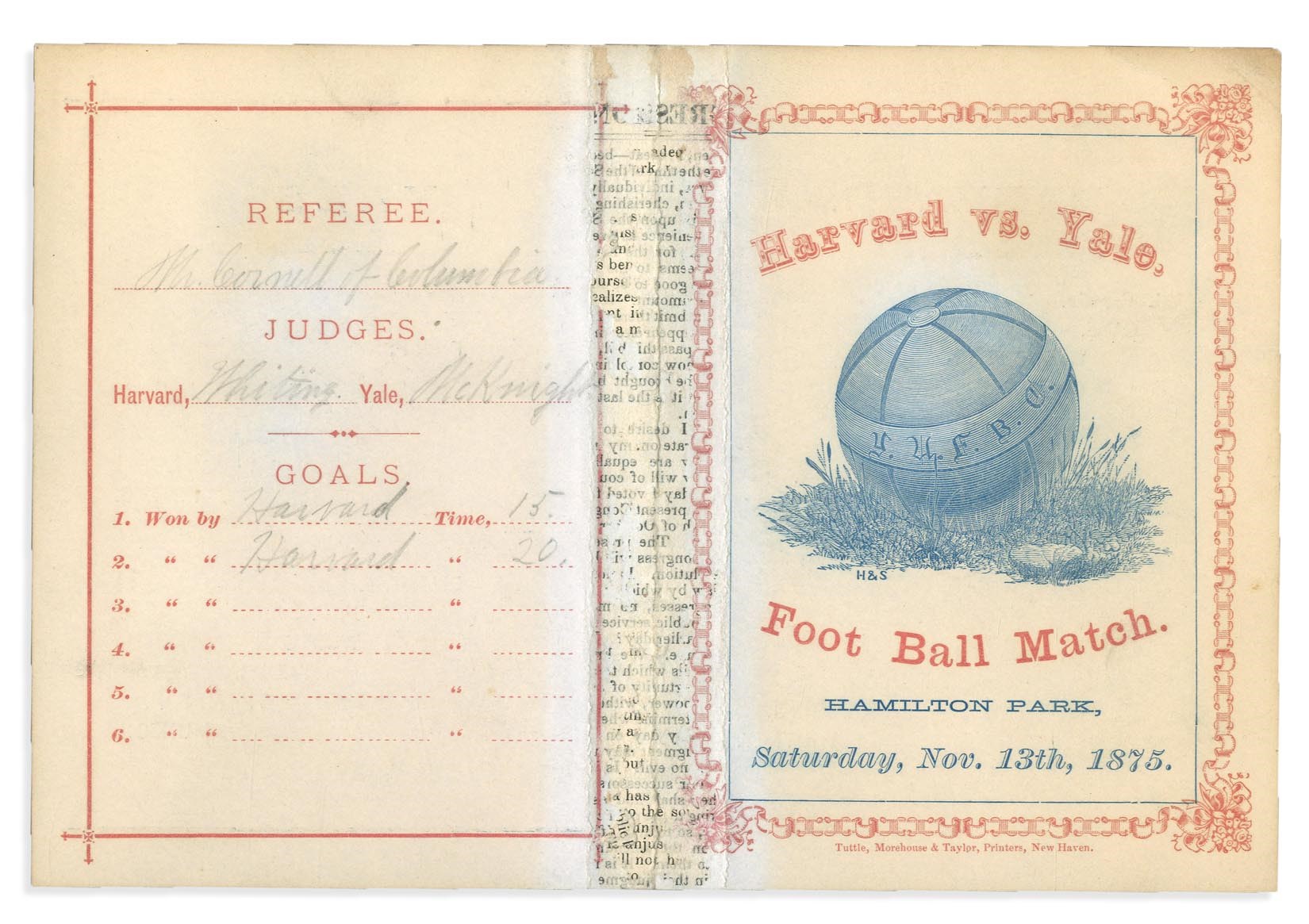 Football - 1875 Harvard vs. Yale Football Program