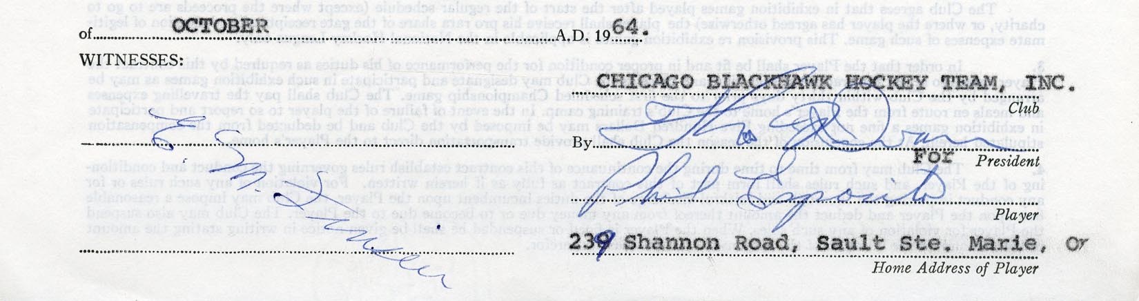 - 1964-66 Phil Esposito Chicago Blackhawks Player Contract (PSA)