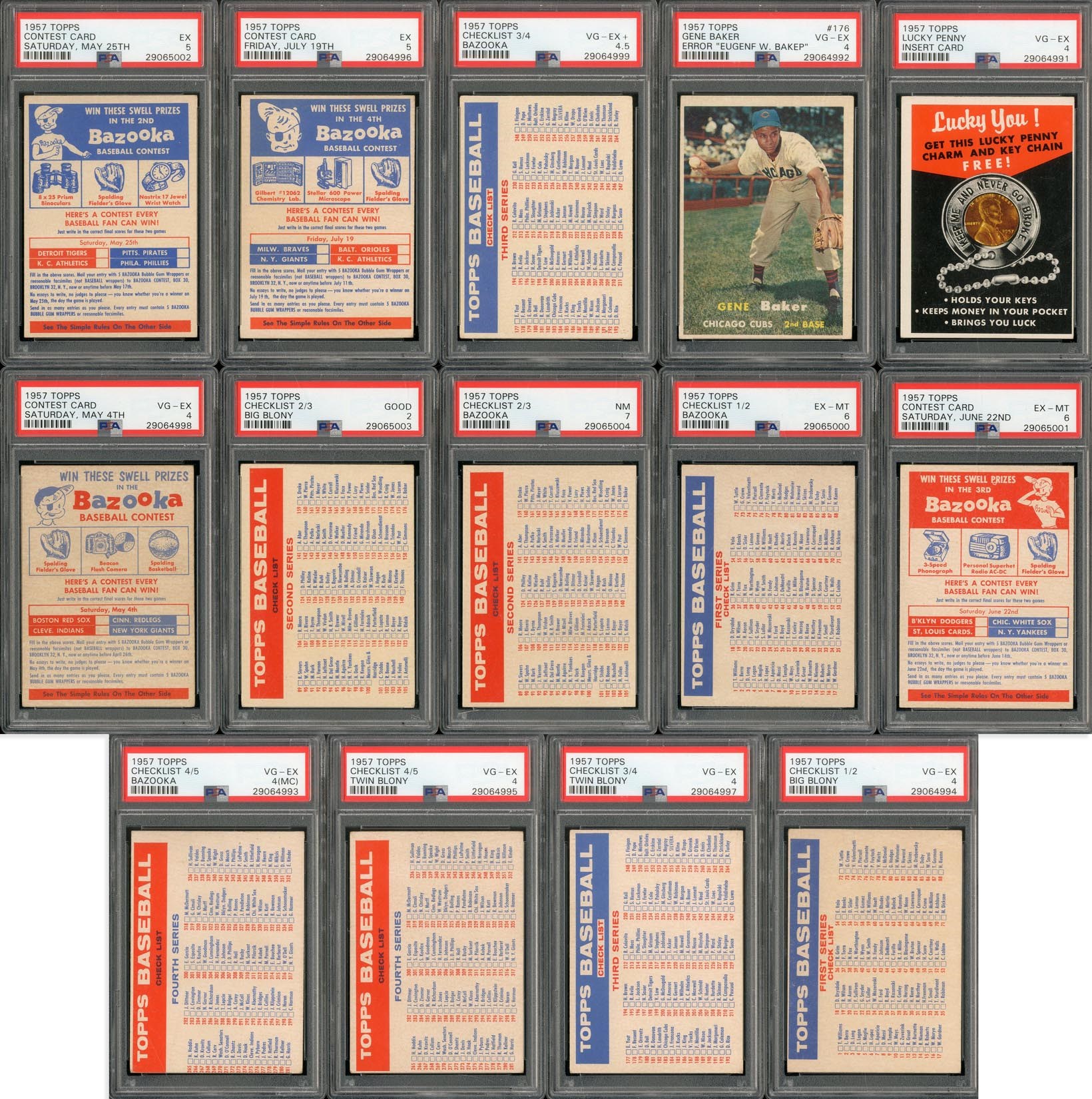 - 1957 Topps HIGH GRADE Checklist/Contest/Variation Lot of 14 Cards (All PSA Graded)