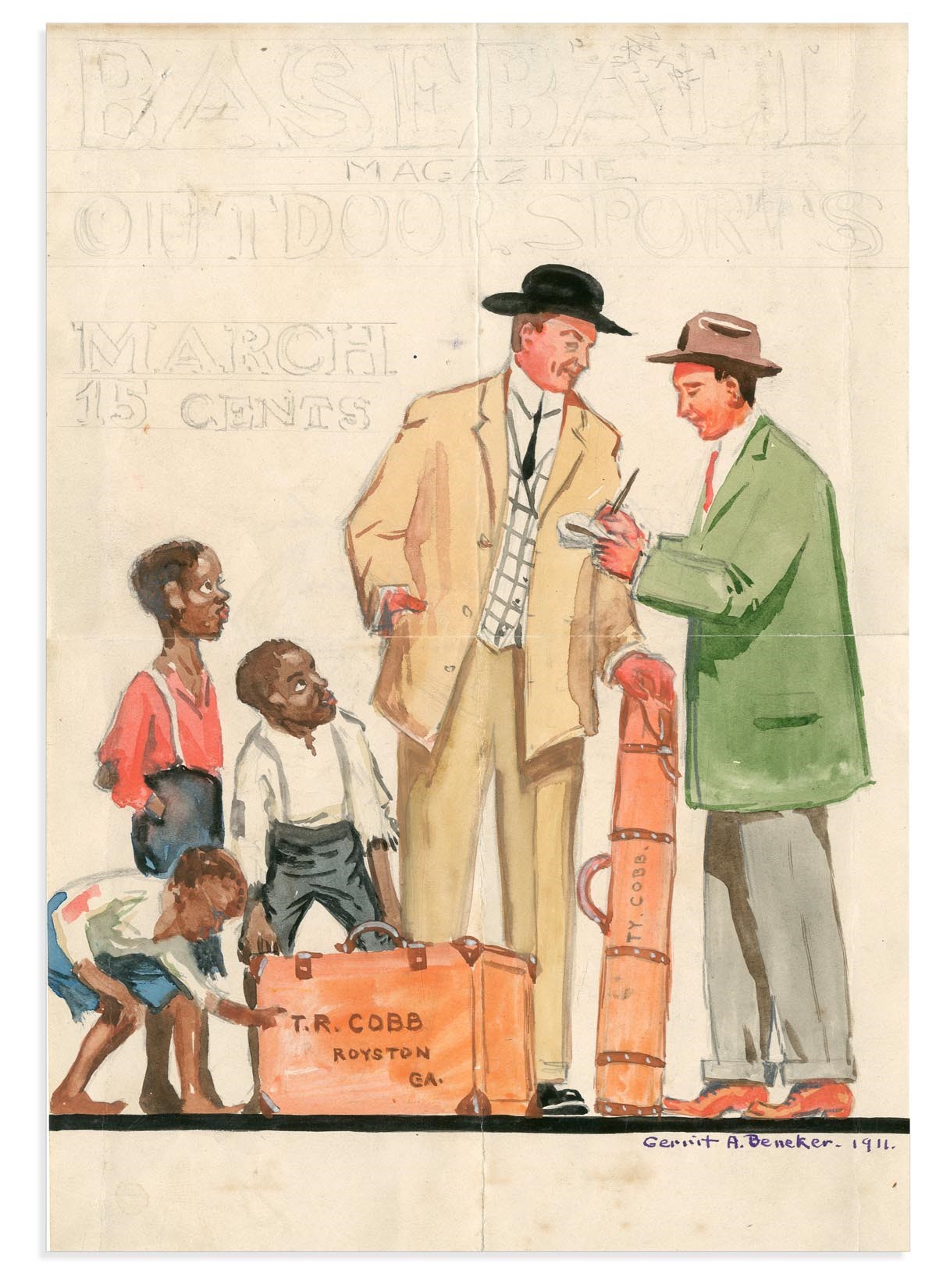 - 1911 "Ty Cobb Number" Baseball Magazine Cover Art Study by Gerrit Beneker (1882-1934)