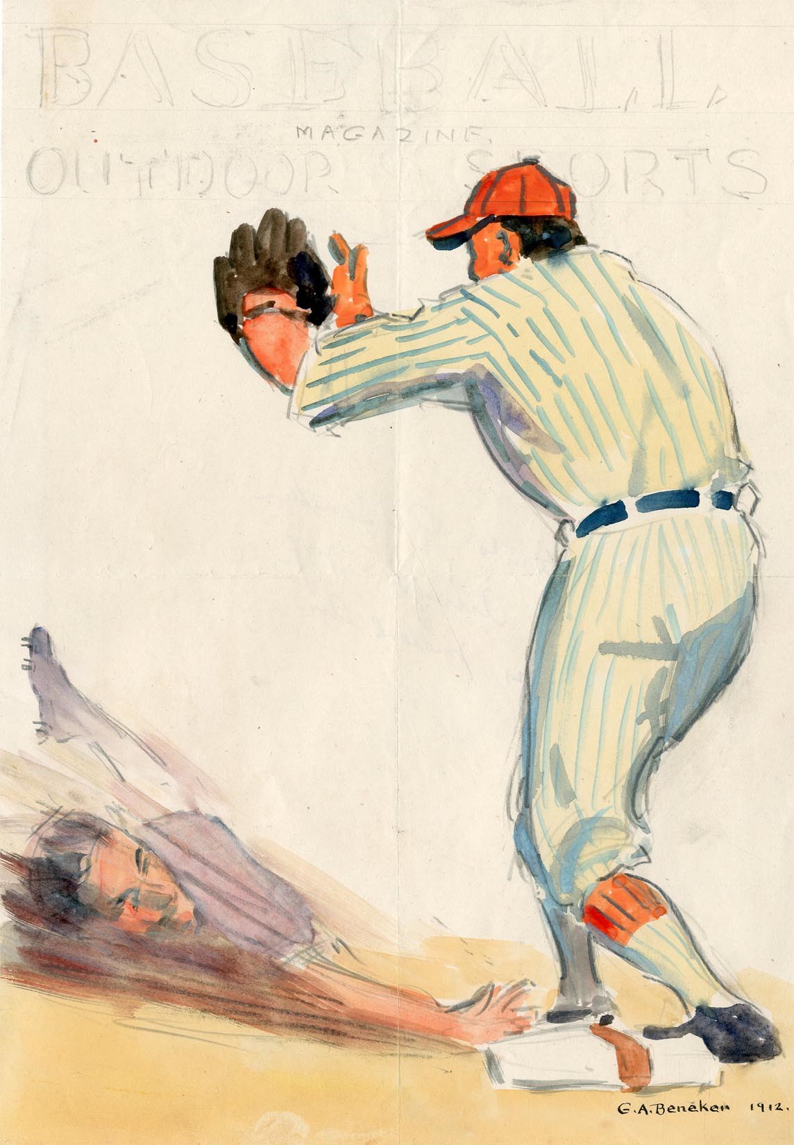 The Baseball Magazine Original Art - 1912 Baseball Magazine "Cloud of Dust" Cover Art Study by Gerrit Beneker (1882-1934)