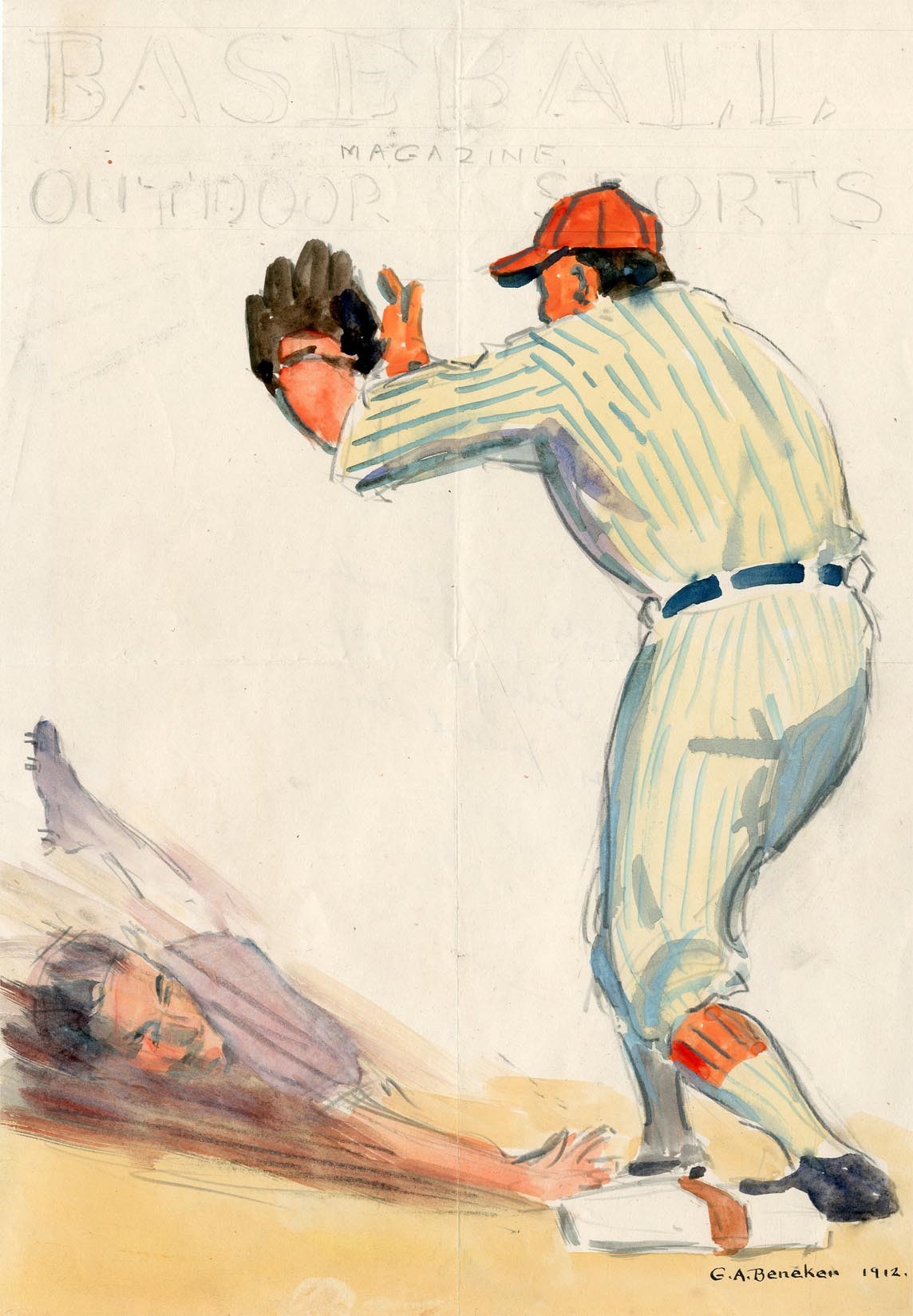 1912 Baseball Magazine "Cloud of Dust" Cover Art Study by Gerrit Beneker (1882-1934)