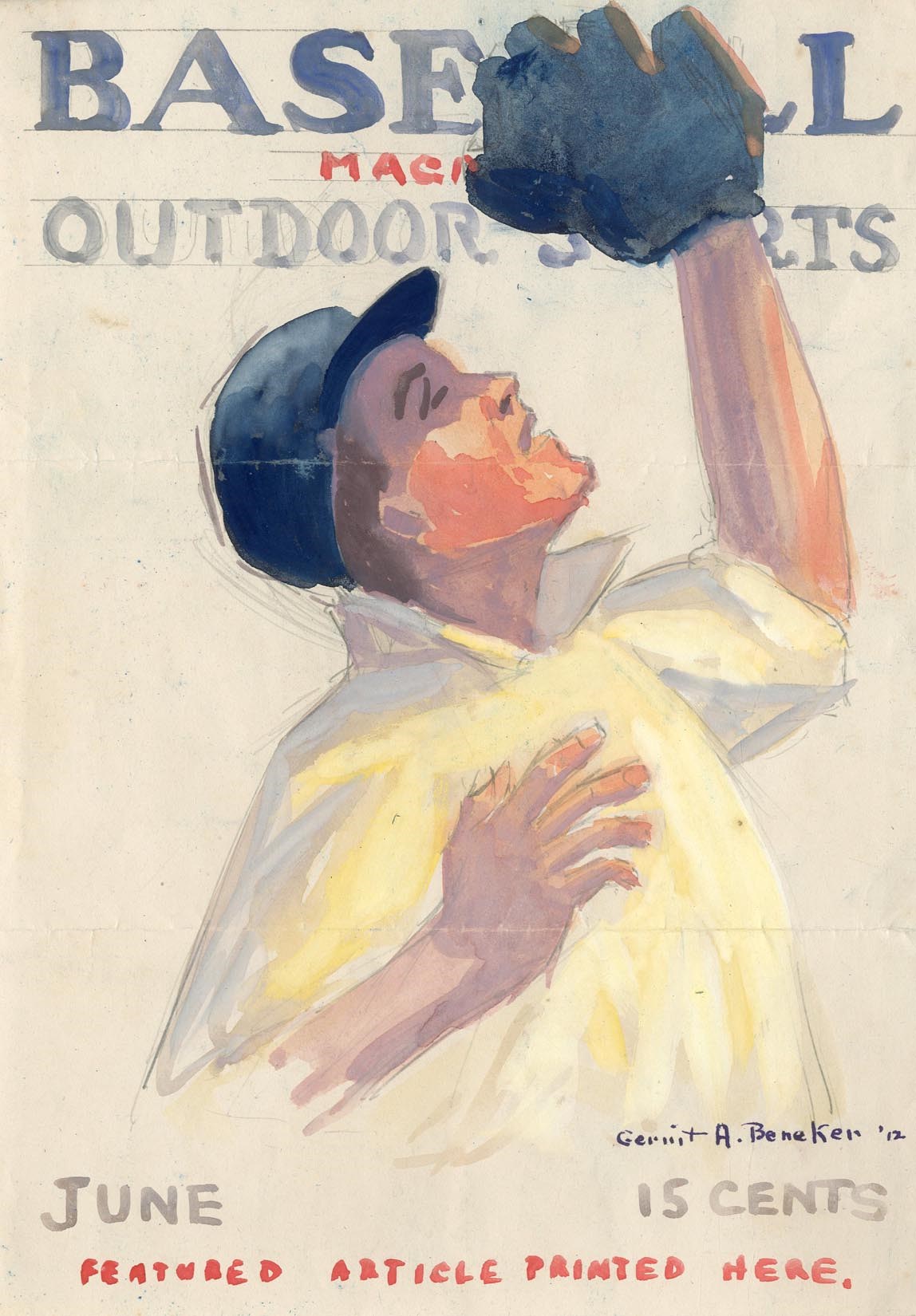 The Baseball Magazine Original Art - June 1912 "Baseball Magazine" Cover Art Study by Gerrit Beneker (1882-1934)