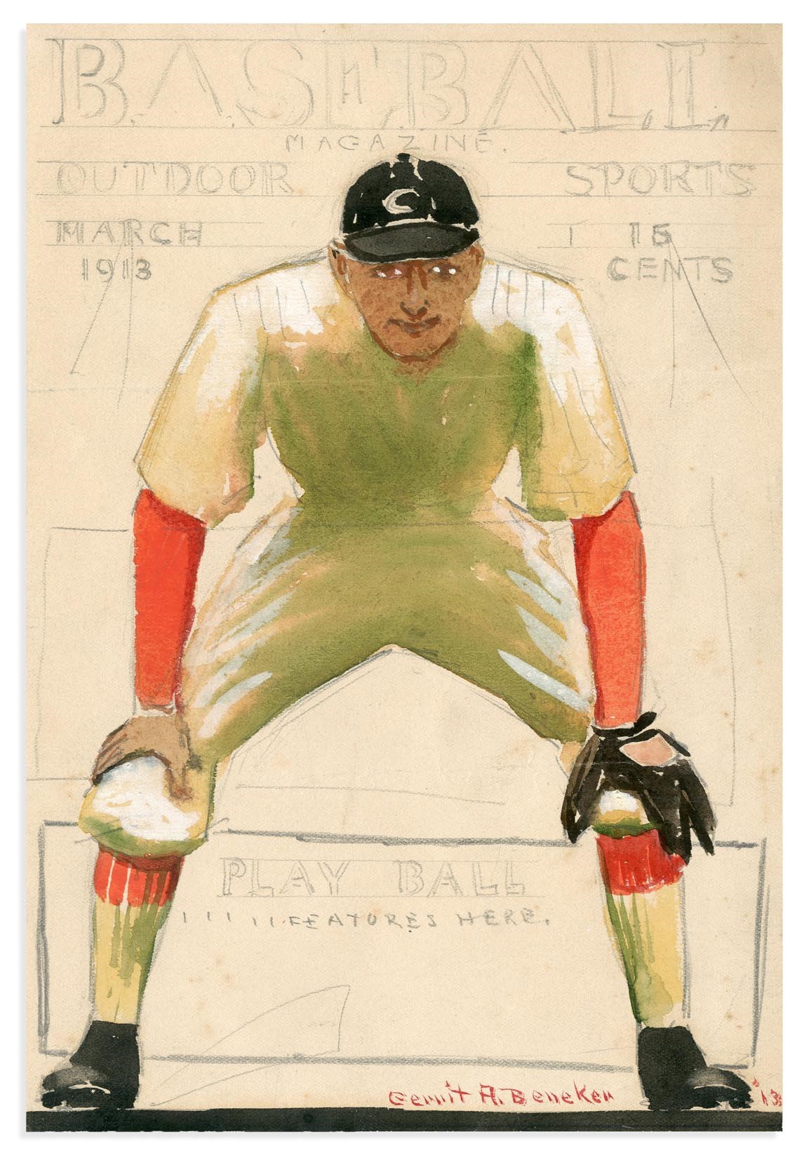 "Ty Cobb" 1913 Baseball Magazine Cover Art Study by Gerrit Beneker (1882-1934)