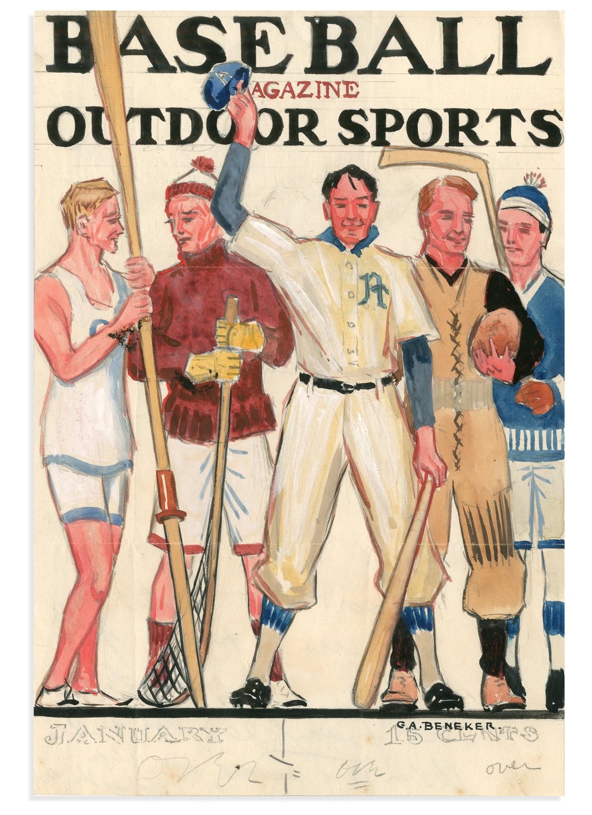 - 1912 "Philadelphia Athletics & Sports" Baseball Magazine Cover Art Study by Gerrit Beneker (1882-1934)
