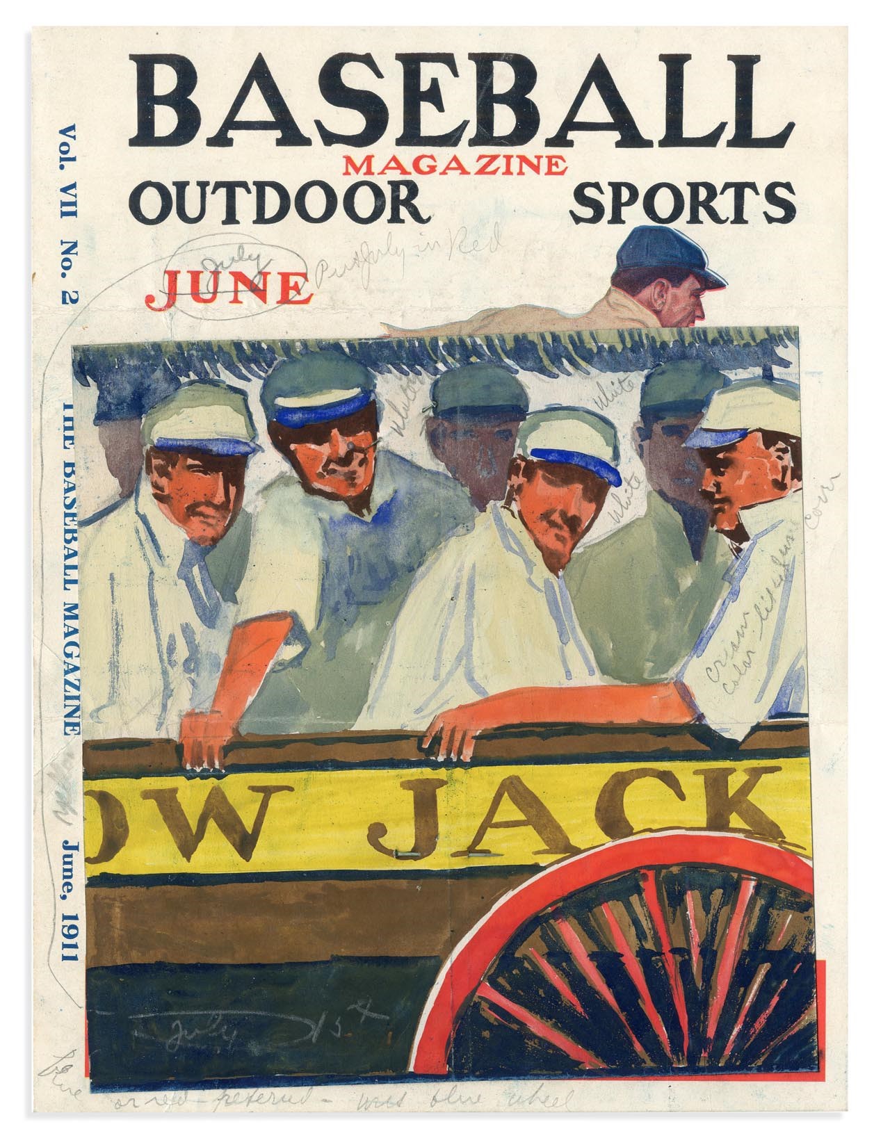 The Baseball Magazine Original Art - August 1911 Baseball Magazine Cover Art Study Mounted on Rare Proof Cover by Gerrit Beneker (1882-1934)