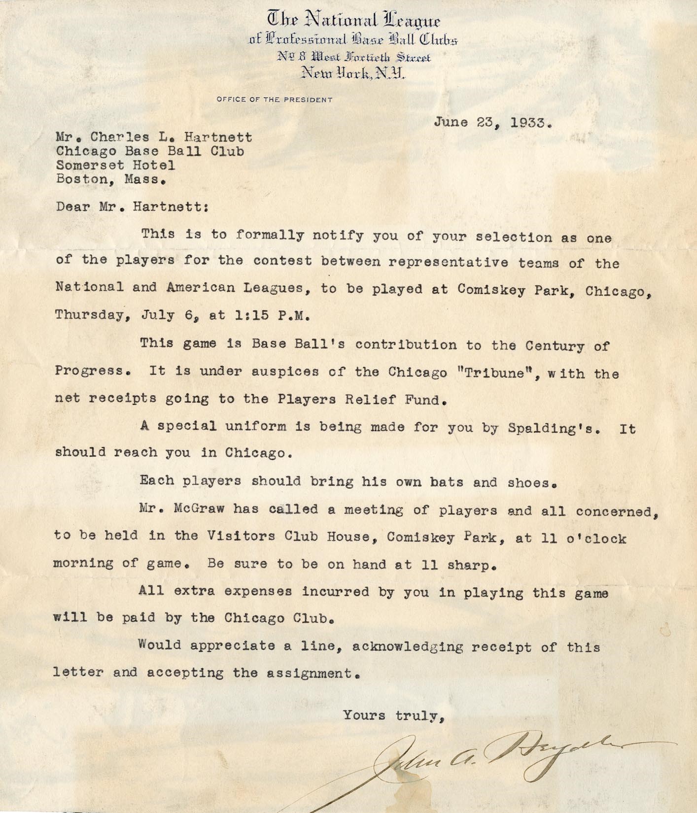 Baseball Autographs - Gabby Hartnett Chosen for 1933 All-Star Game Letter (PSA)