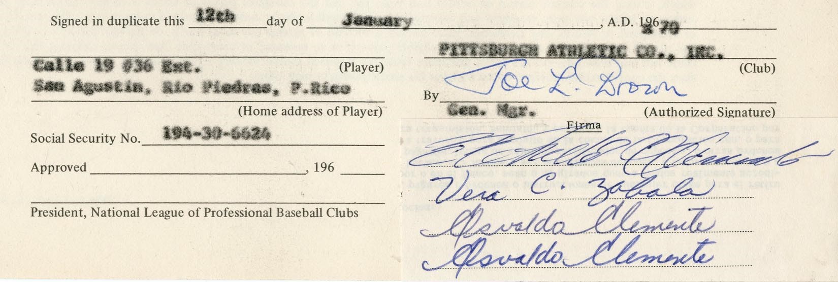 Baseball Autographs - Roberto Clemente Personal Copy of His 1970 Pittsburgh Pirates Players Contract (PSA & Clemente LOAs)