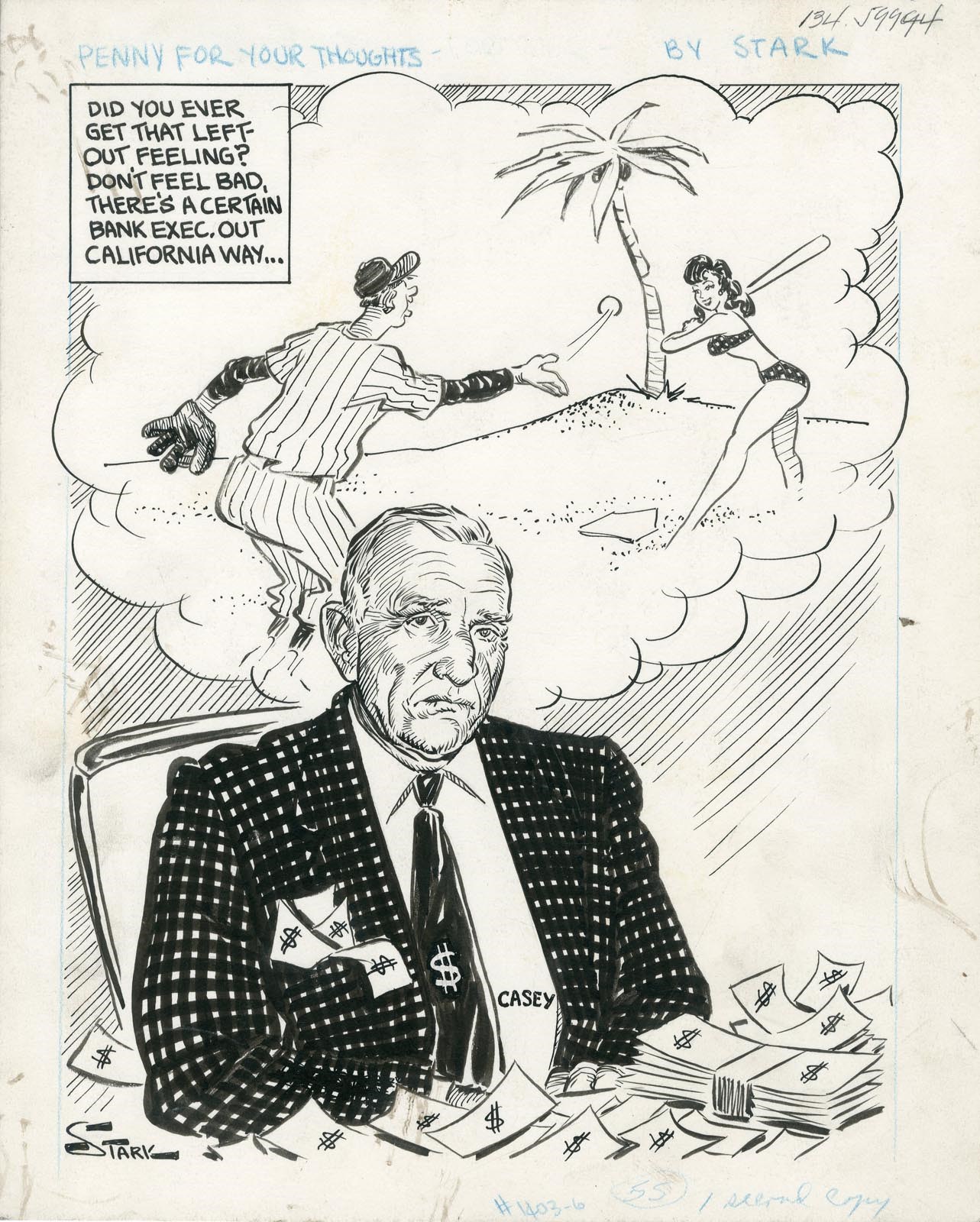 - 1960s Casey Stengel by Bruce Stark Sporting News Original Art