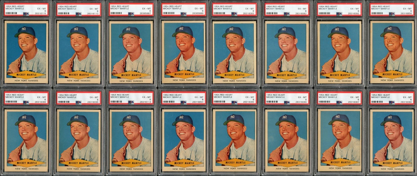 - 1954 Red Heart Mickey Mantle PSA Graded Collection of 16 Cards (All PSA EX-MT 6)