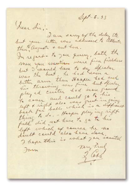 1933 Ty Cobb Handwritten Letter