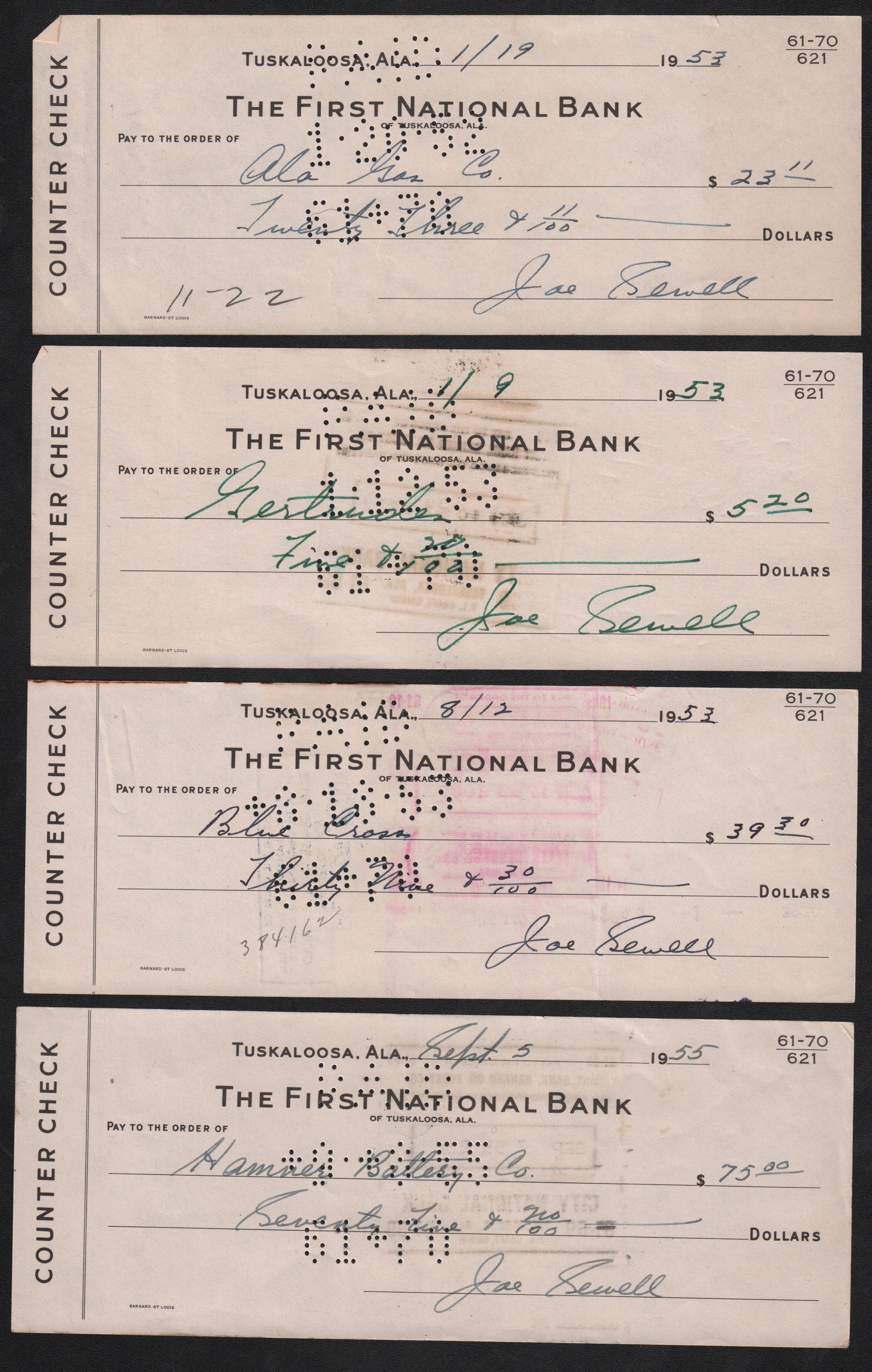 - Joe Sewell Signed Check Collection (93)
