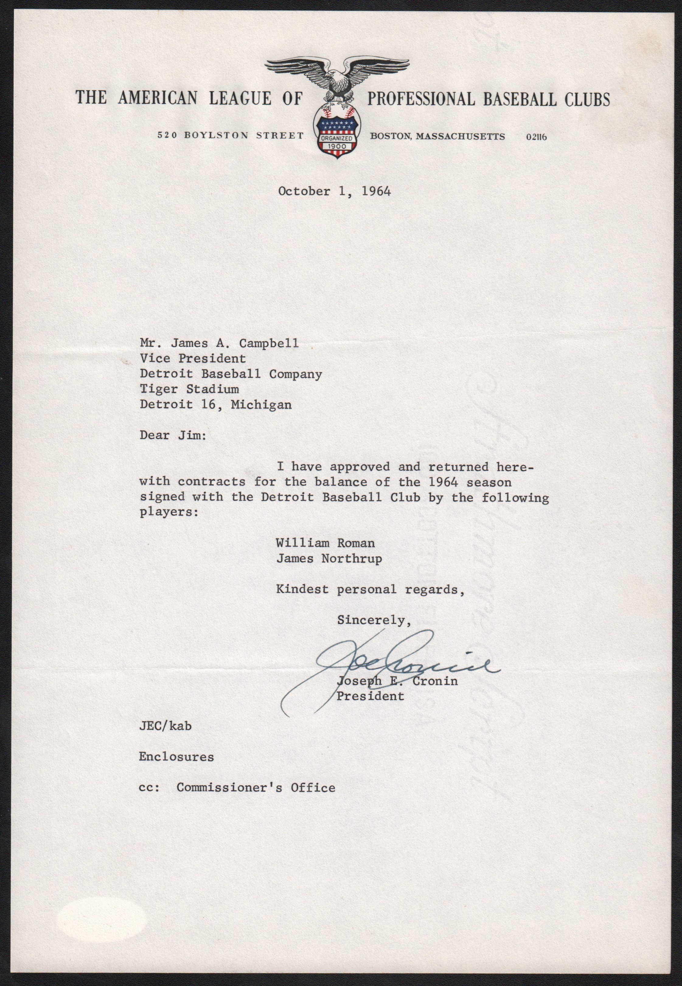 Joe Cronin - 1964 Joe Cronin Letter r.e. Jim Northrup and Detroit Tigers Player Contracts