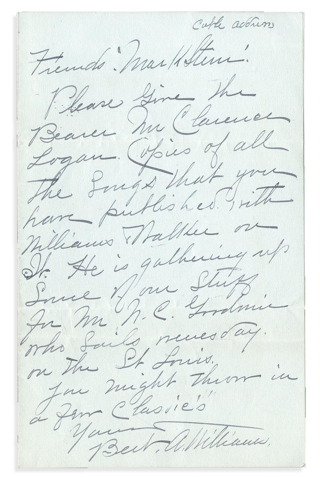 The New Yorker Collection - Early Bert Williams Handwritten Letter to His Music Publisher (PSA)