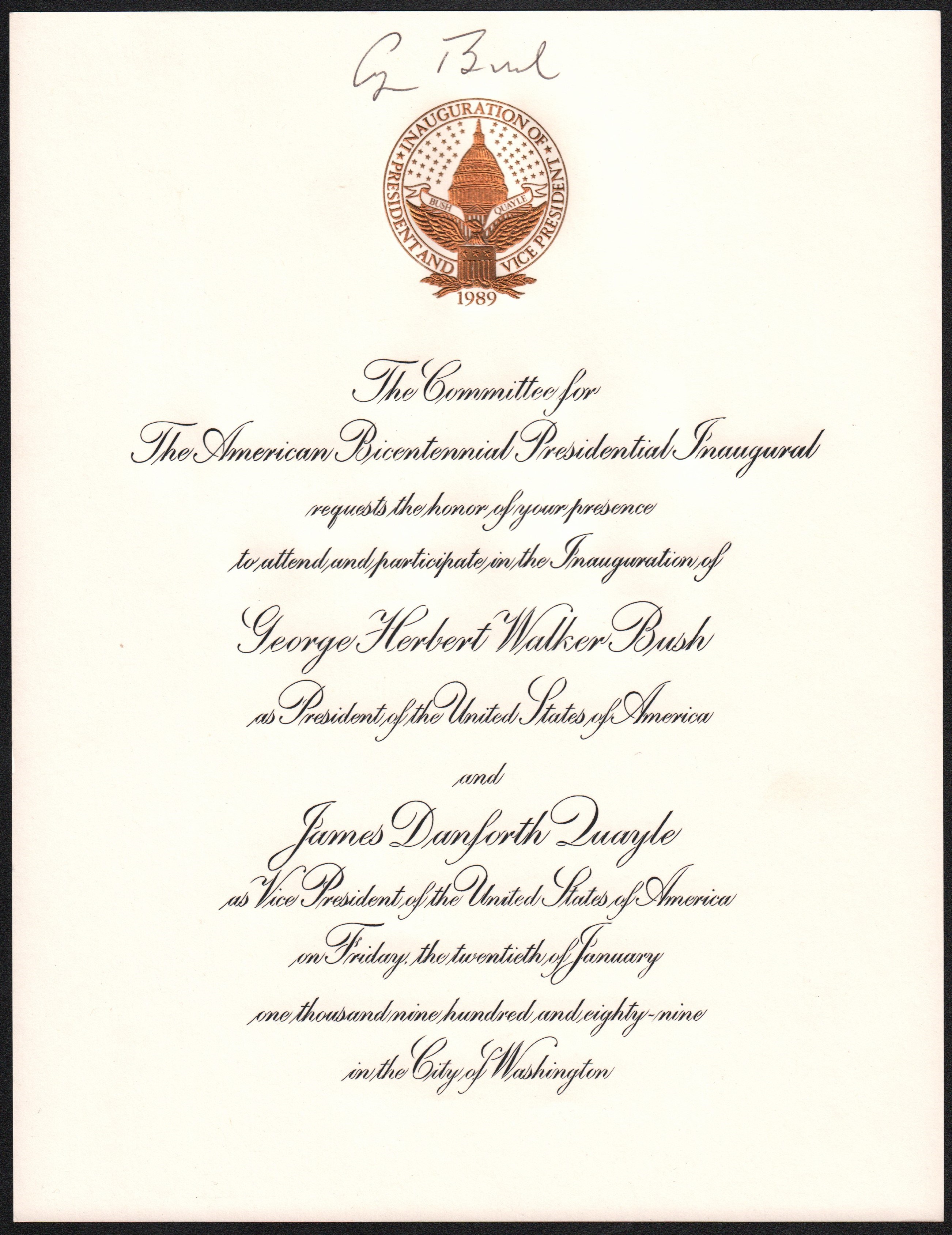 - George H.W. Bush Signed Bicentennial Presidential Inauguration Invitation