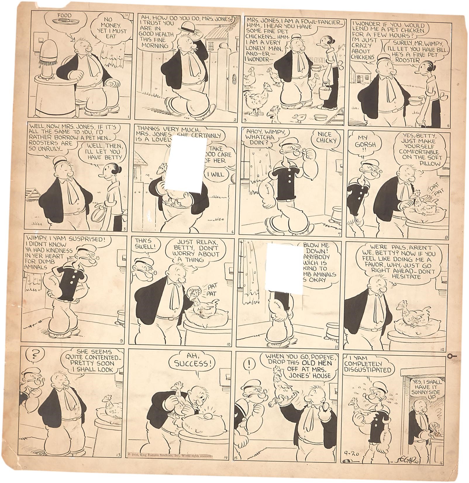 1936 Popeye Sunday Original Art by E.C. Segar