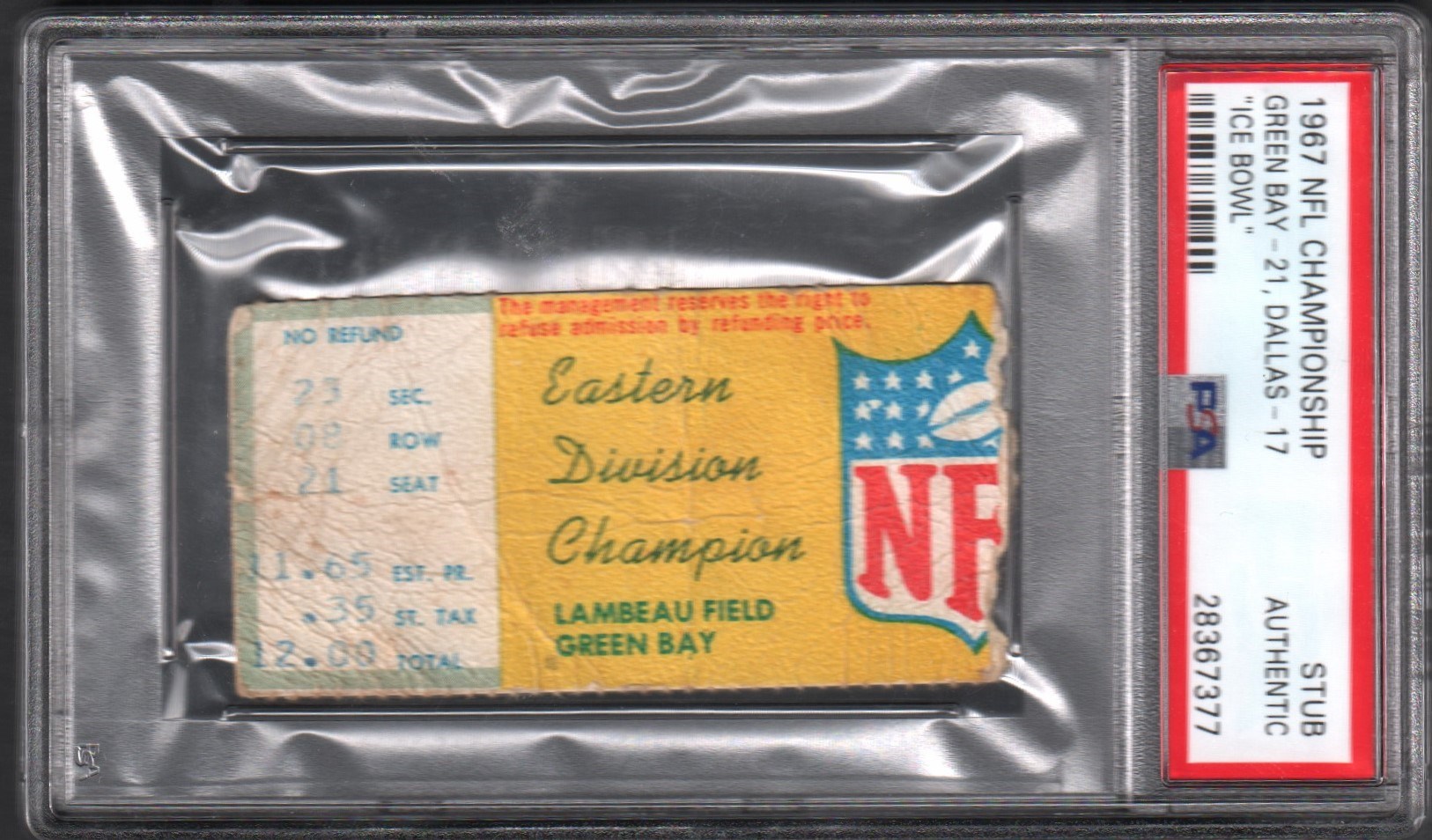 1967 NFL Championship "Ice Bowl' Ticket Stub