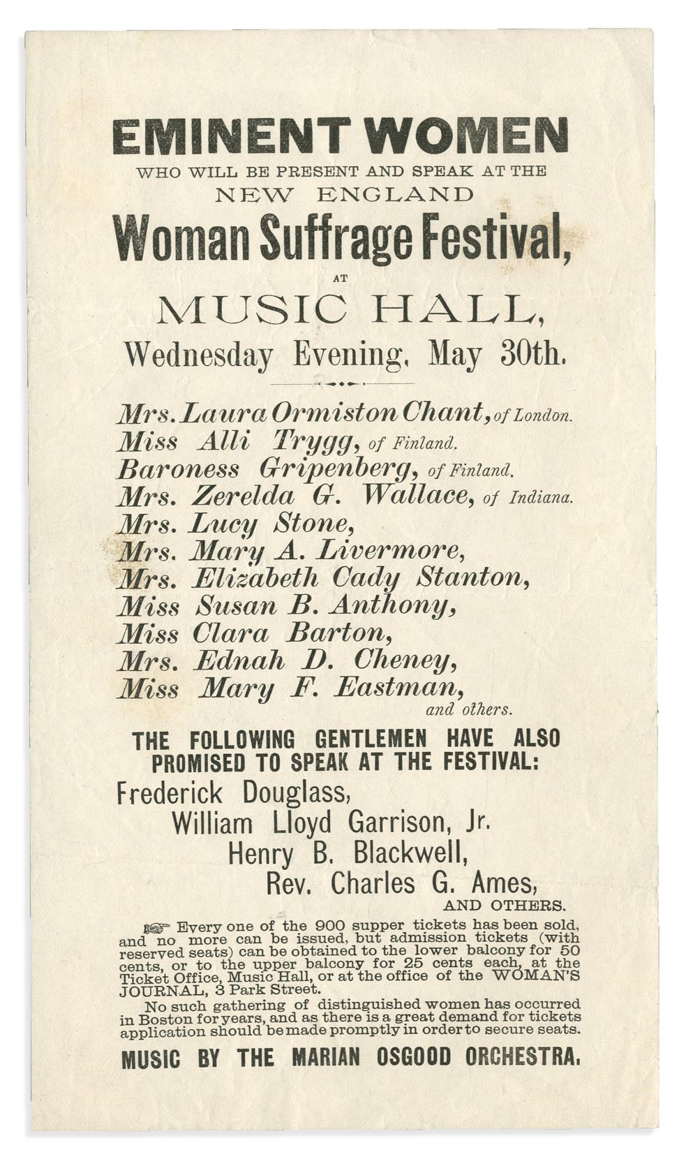 - 1888 New England Suffragette Broadside - Susan B. Anthony, Elizabeth Cady Stanton, Frederick Douglass, William Lloyd Garrison