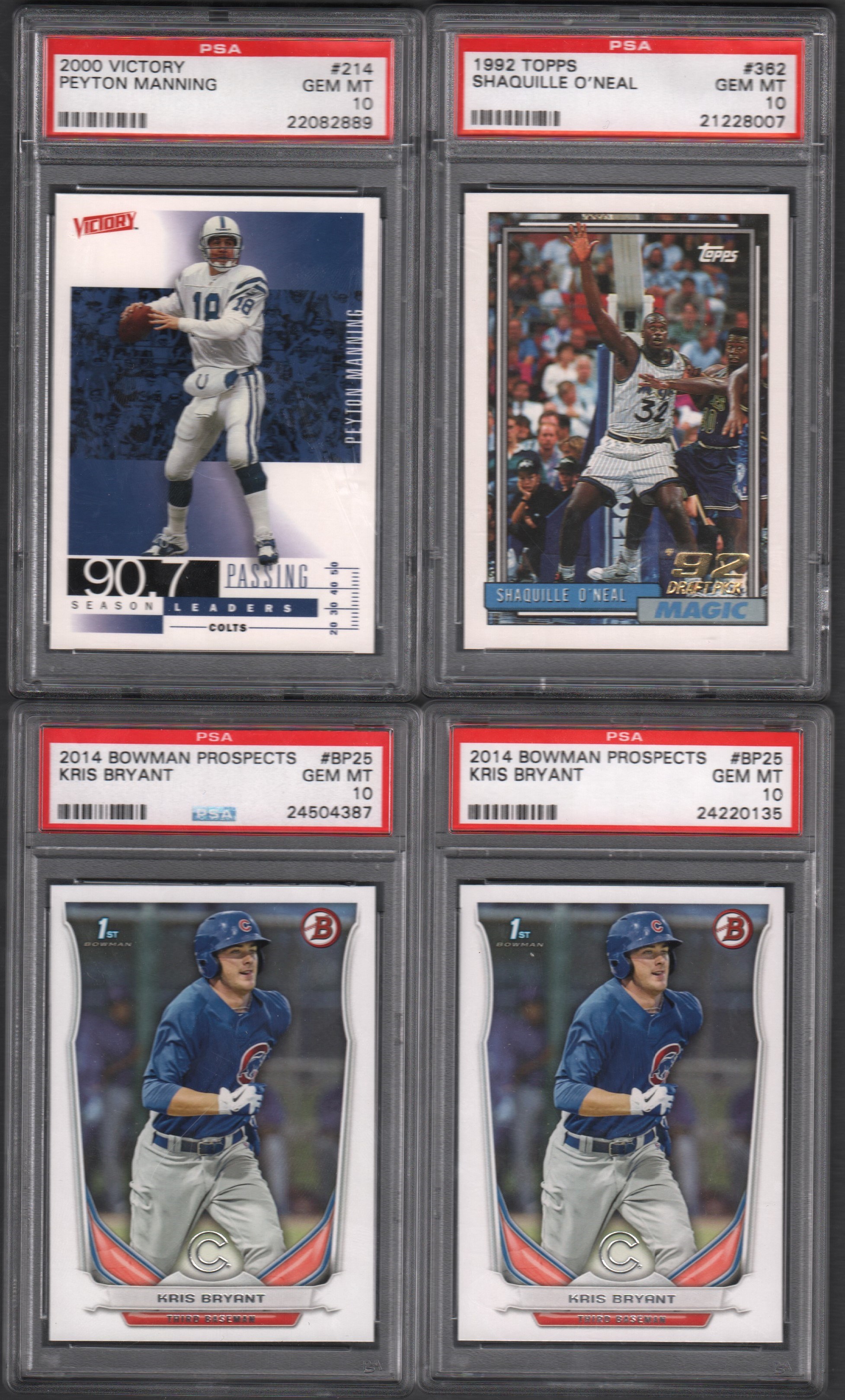 - 1992-2014 Quartet of PSA Graded Cards with Shaq, Manning and Kris Bryant