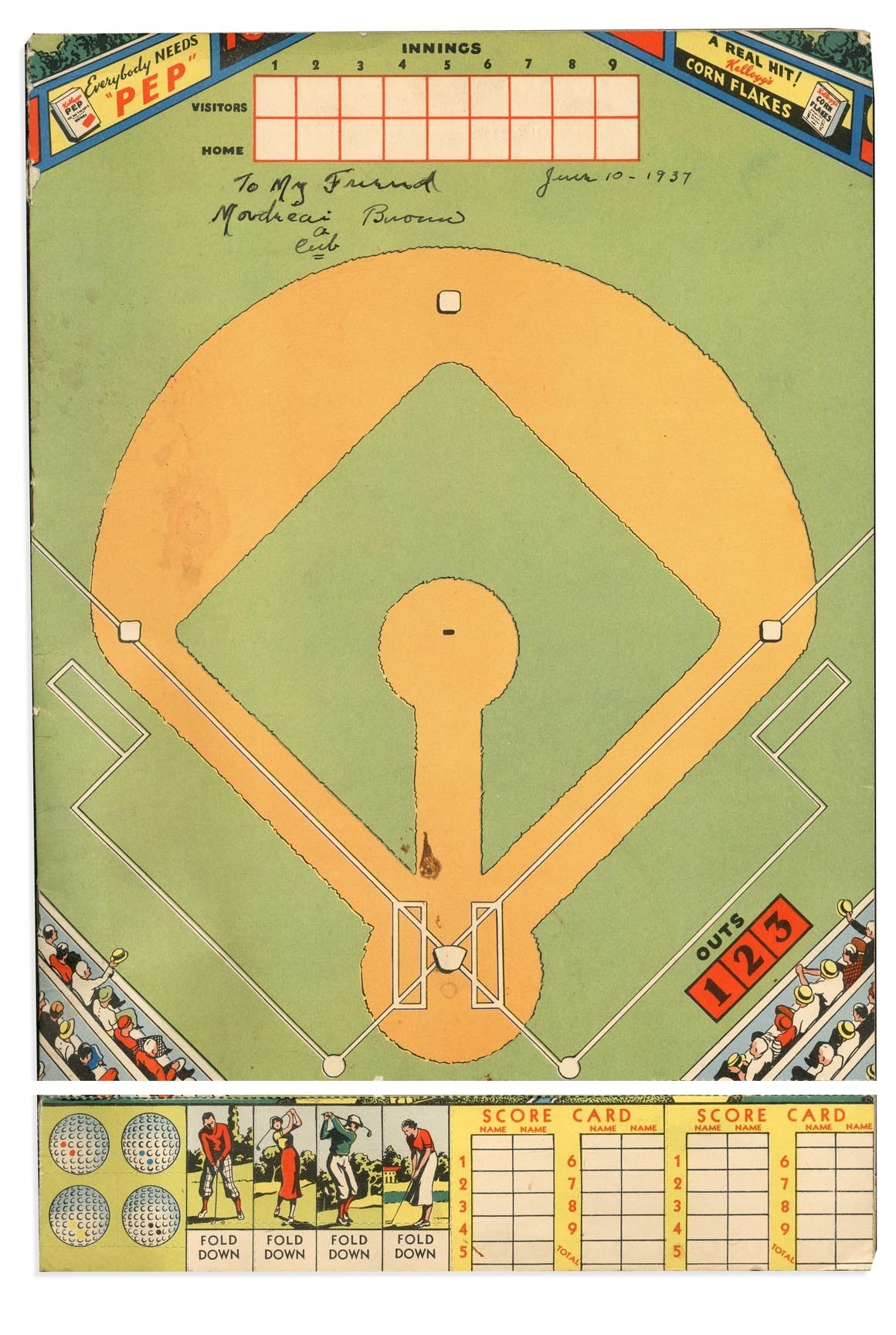 Baseball Autographs - 1937 Mordecai Brown Signed Kelloggs "All American Athletes and Games" (PSA)