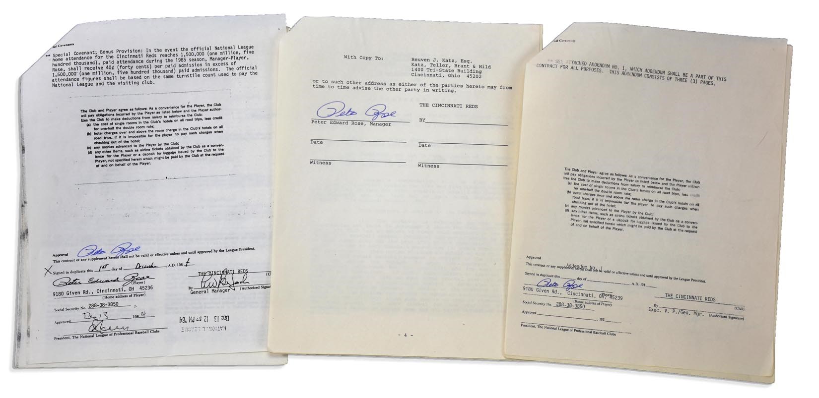 Pete Rose & Cincinnati Reds - Pete Rose's Final Contracts Archive - Likely from Reds Attorney