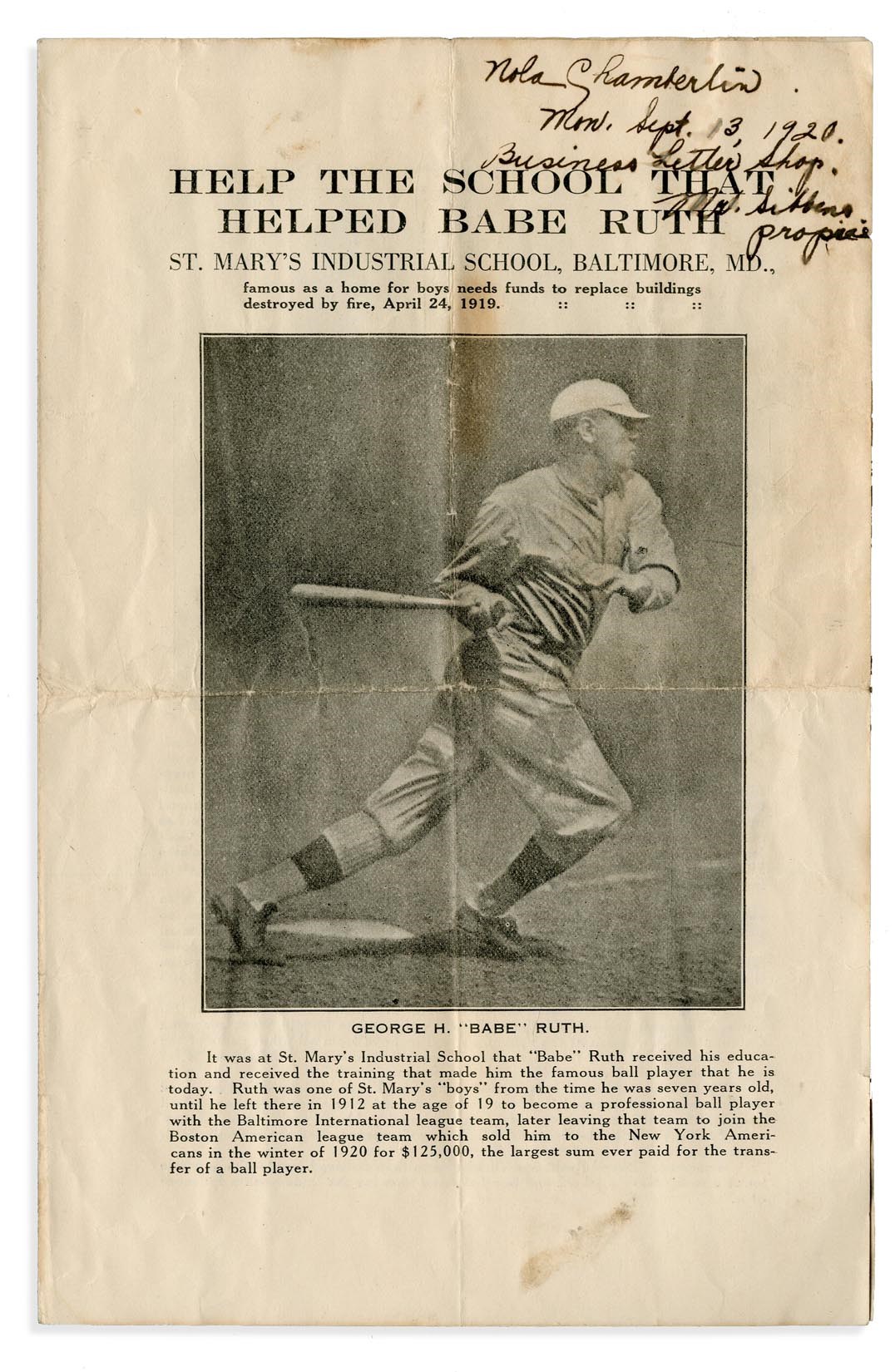 - 1920 Babe Ruth "Save St. Mary's" from Fire Pamphlet