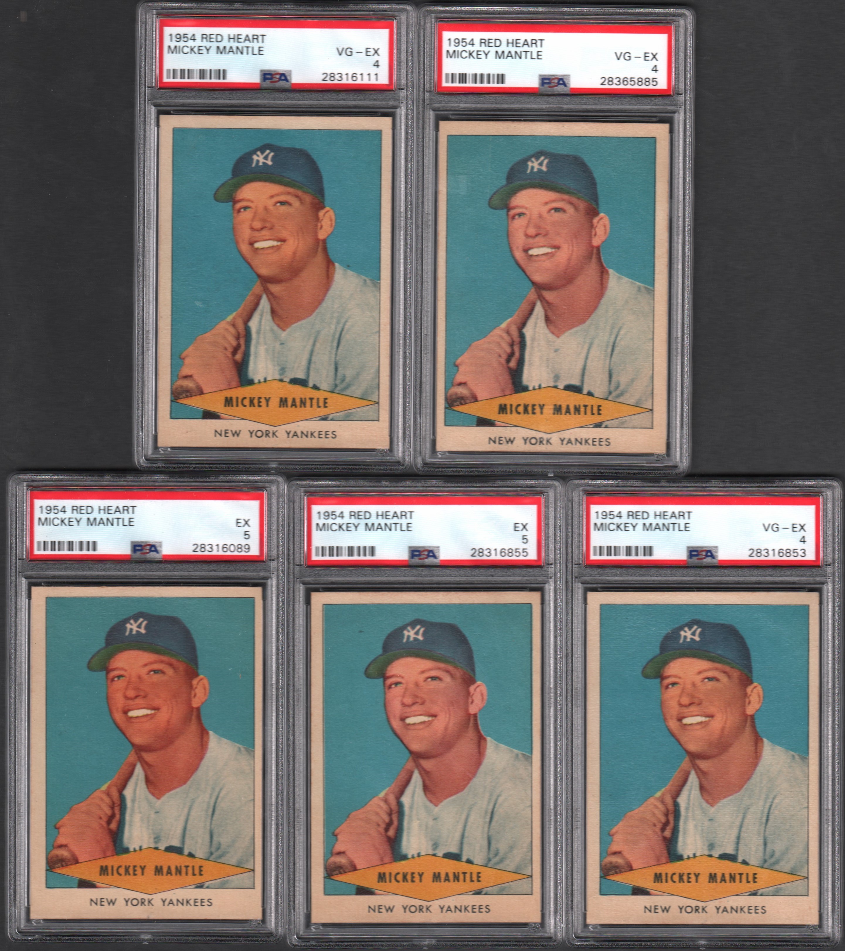 - 1954 Red Heart Mickey Mantle PSA Graded Cards (5)