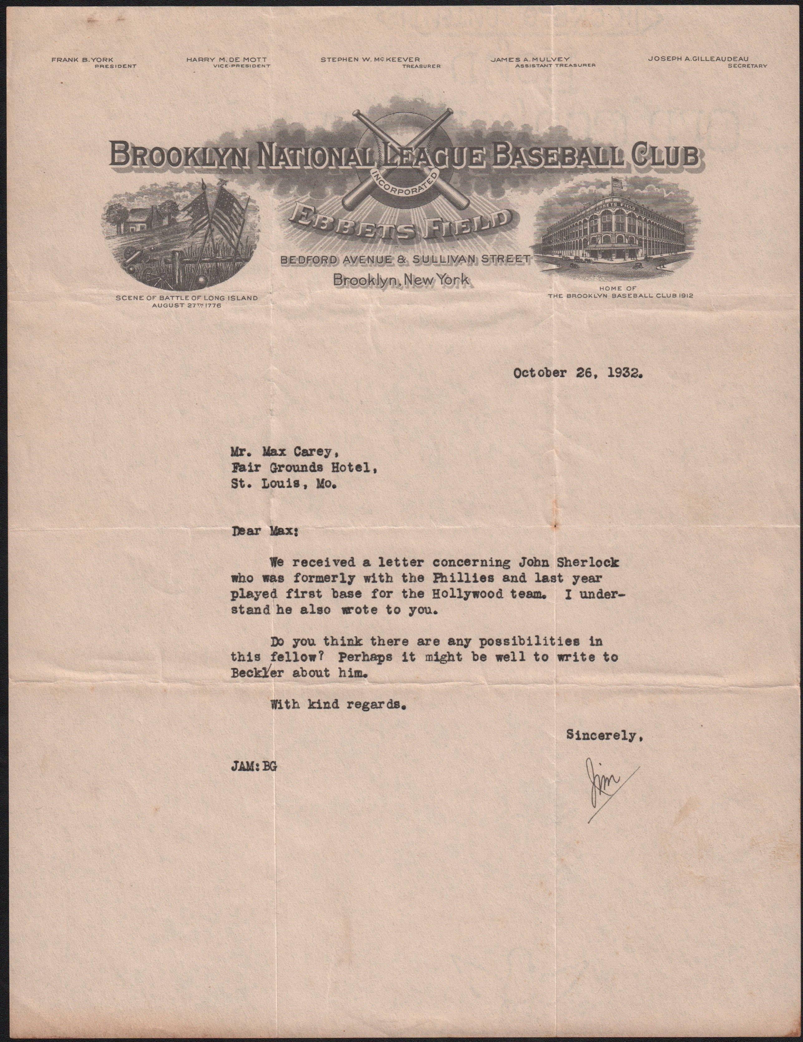 - 1932 Letter to Max Carey on Brooklyn Dodgers Stationary