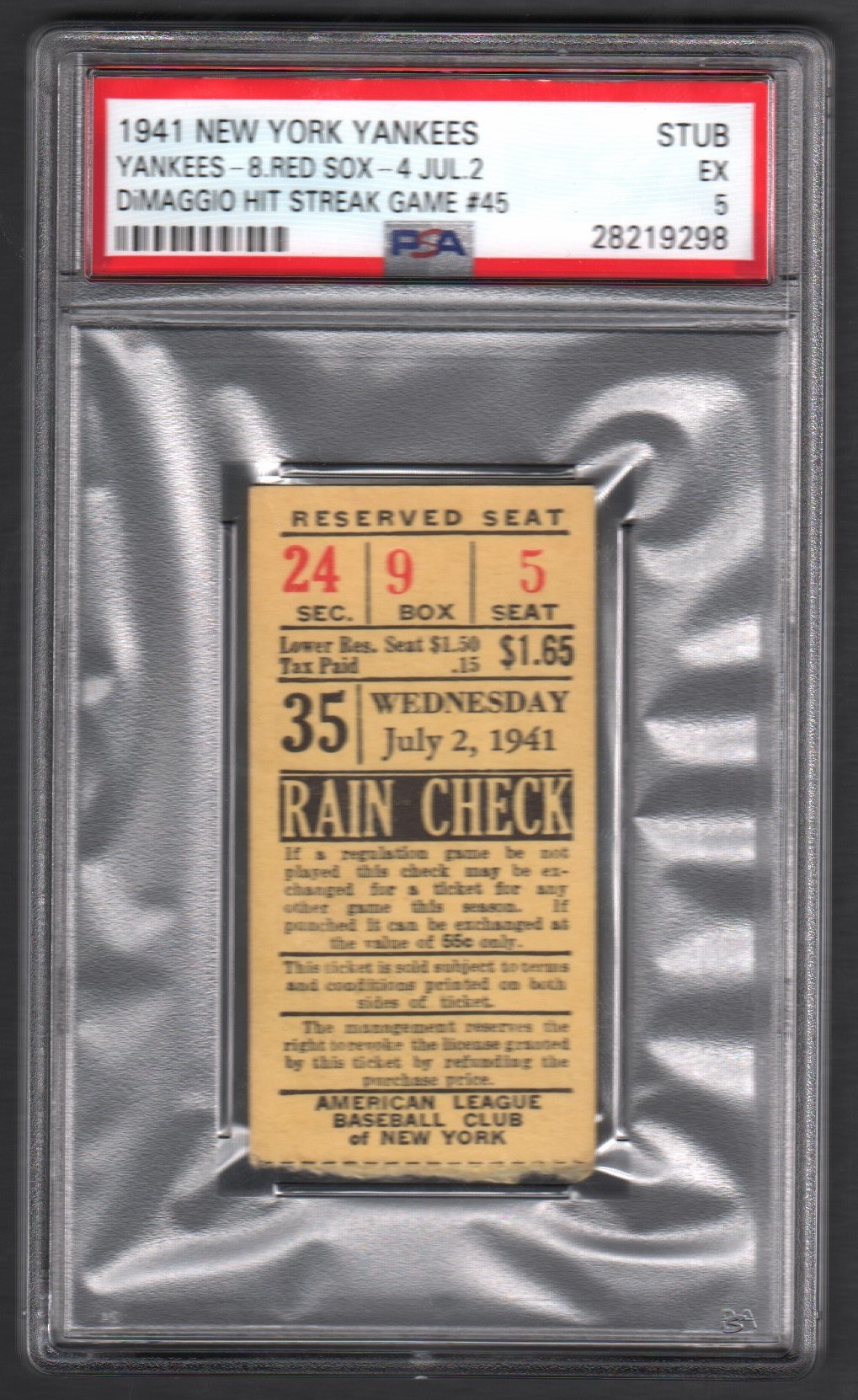 Tickets, Publications & Pins - 1941 DiMaggio Passes Keeler Ticket Stub (PSA A)