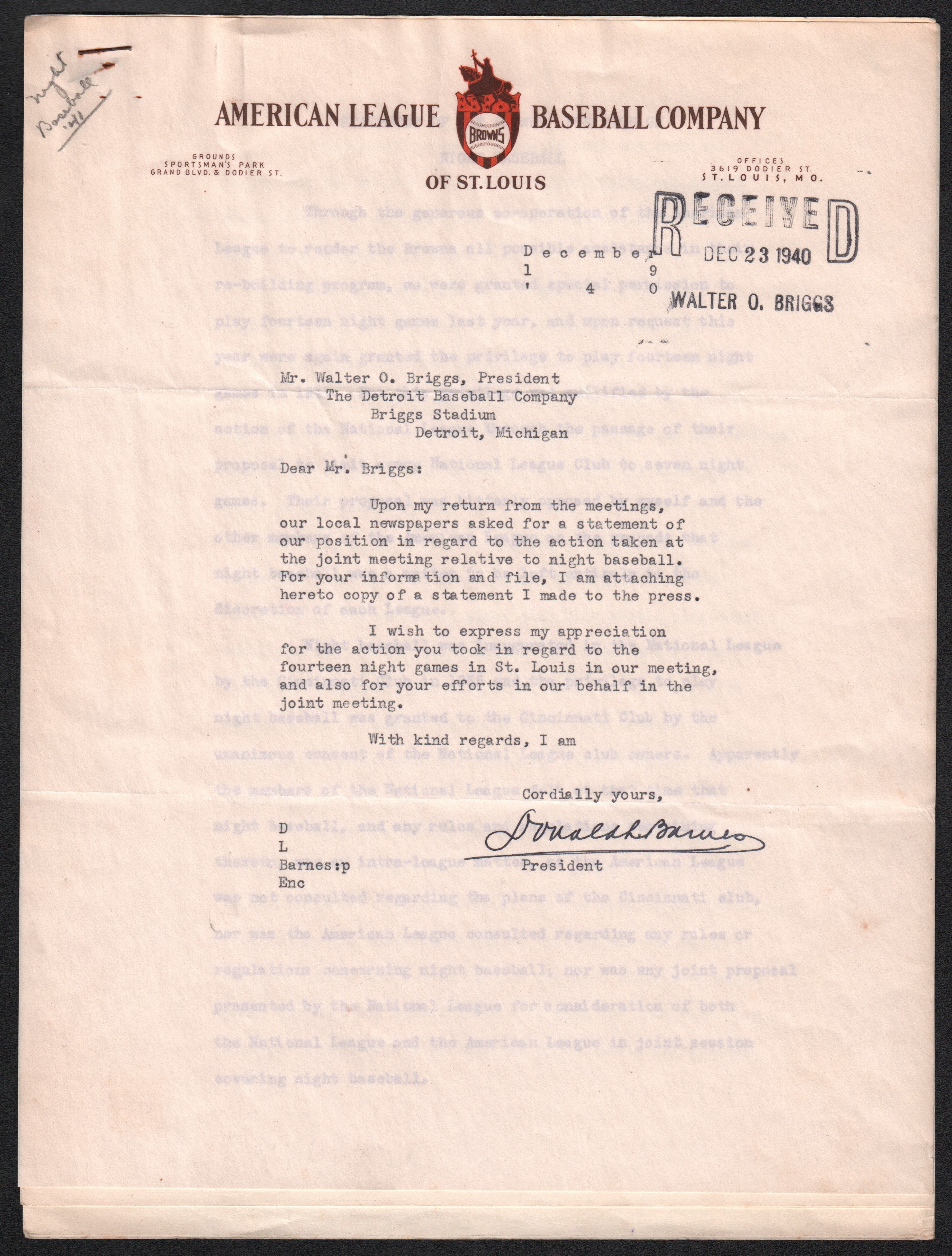- 1940 St. Louis Browns Proclamation on Night Baseball