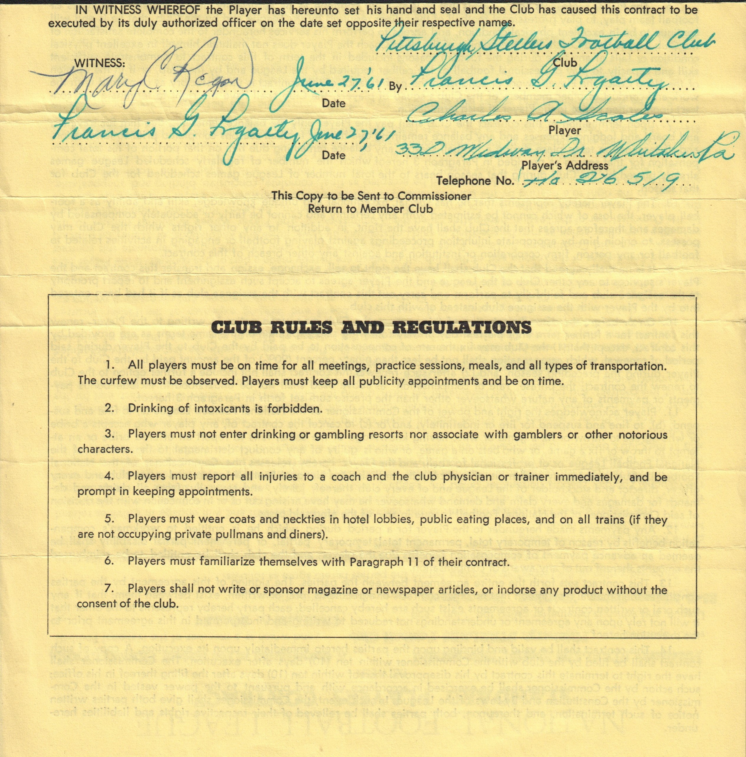 - 1961 Pittsburgh Steelers Signed Player Contract