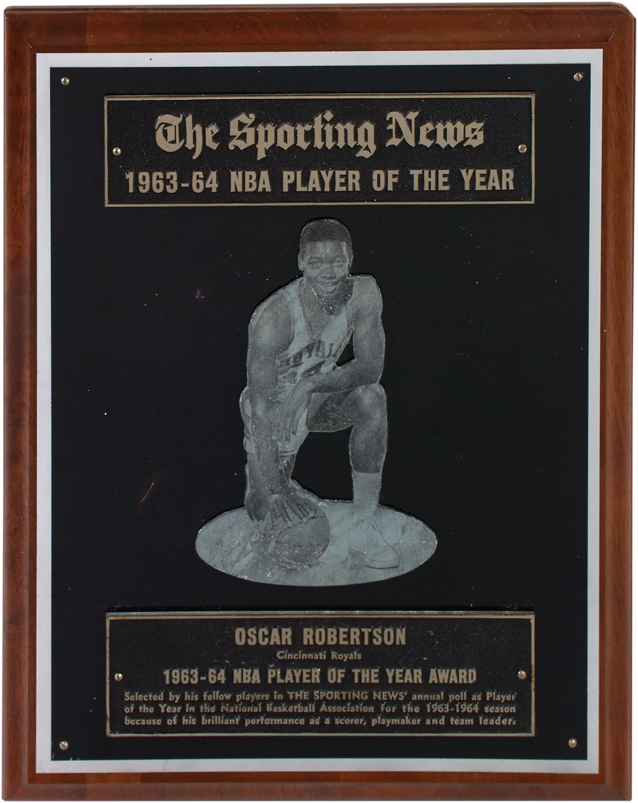 The Oscar Robertson Collection - 1963-64 Oscar Robertson Sporting News NBA Player of the Year Award