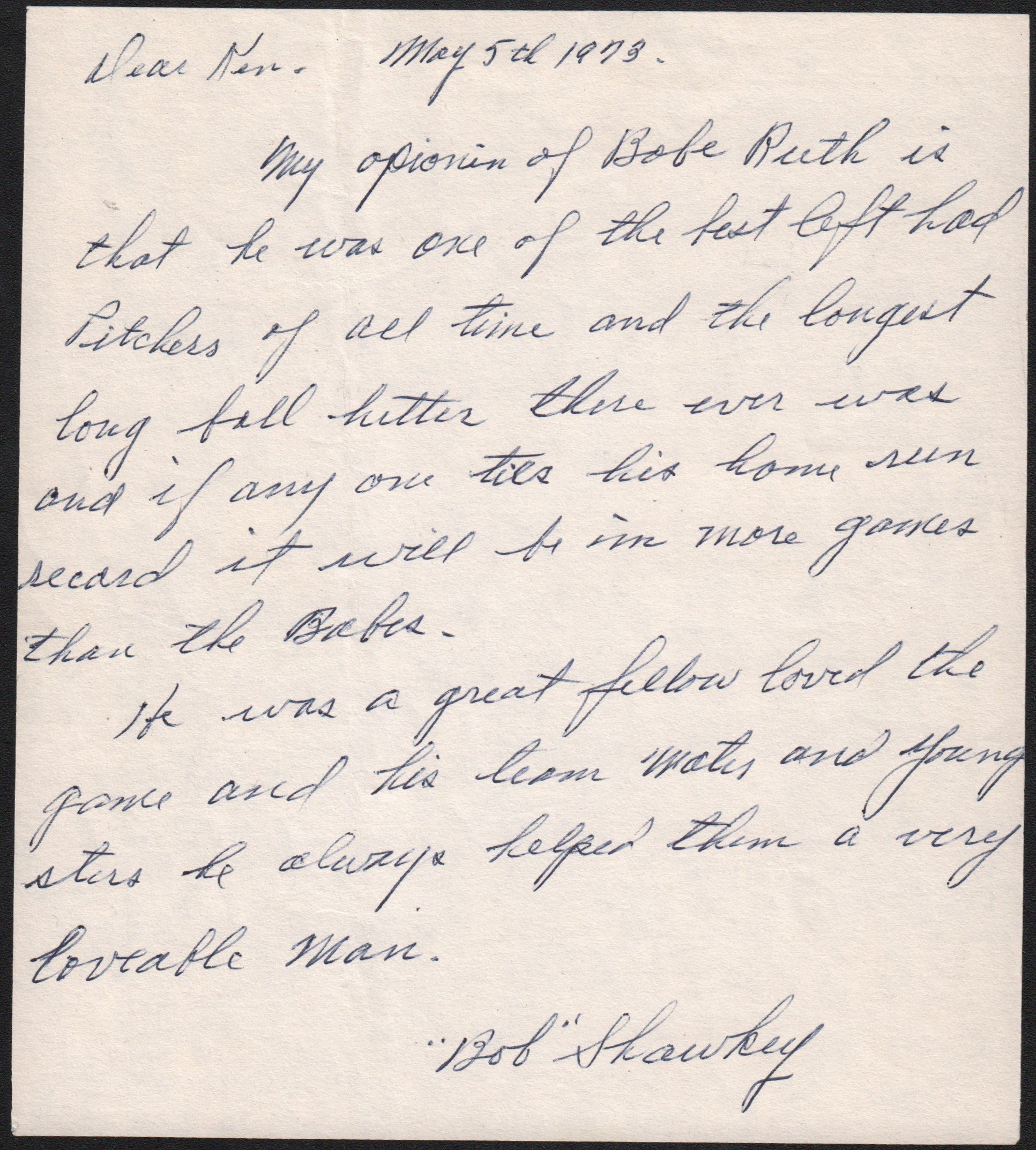 - Bob Shawkey 1-Page Handwritten Letter w/Ruth Content