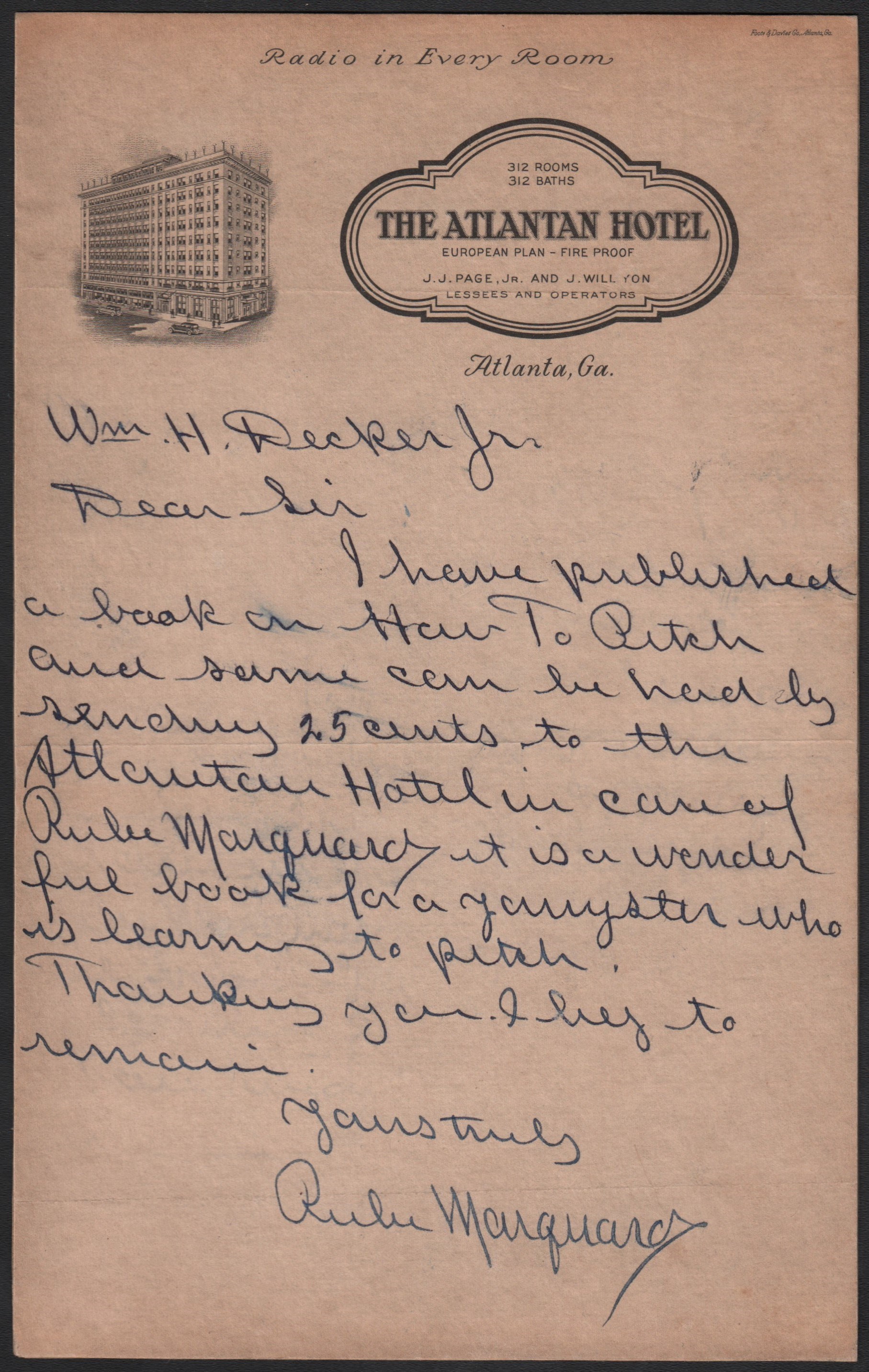 - 1932 Rube Marquard Letter "Selling" His Book - With Book Included!