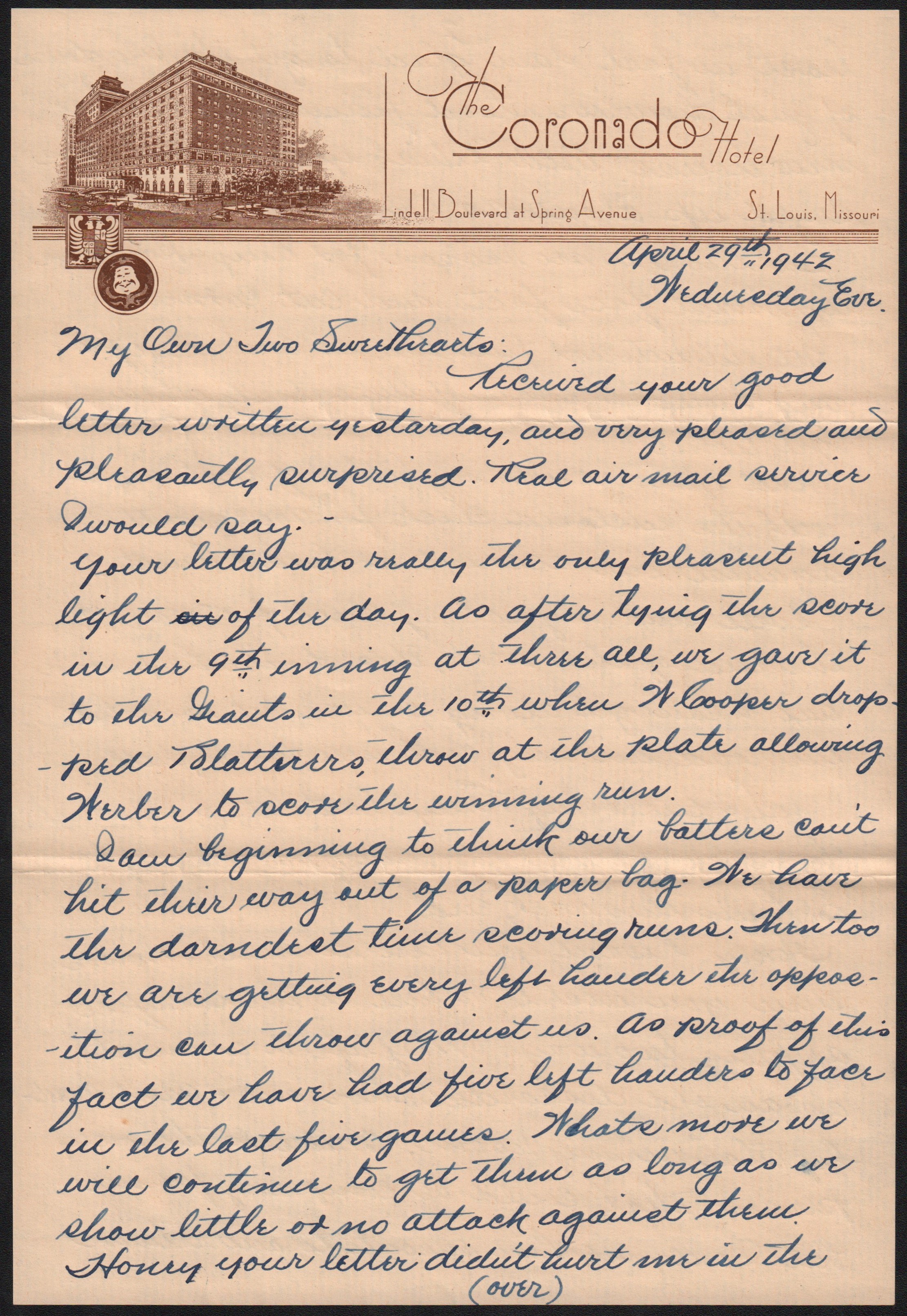 - 1942 Billy Southworth 4-Page Handwritten Letter
