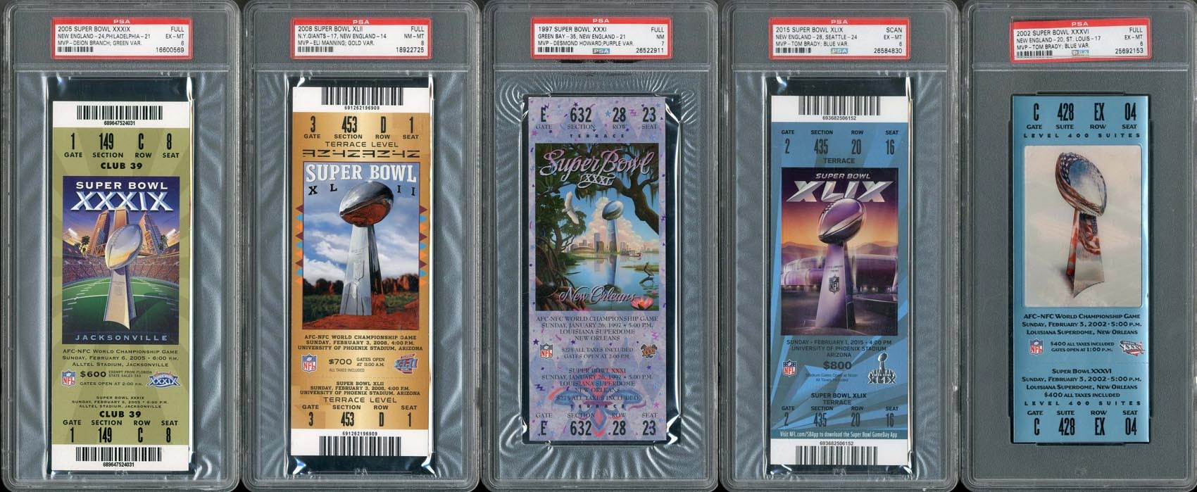 Boston Sports - Every New England Patriots Super Bowl Appearance Ticket Collection (Some PSA Graded)