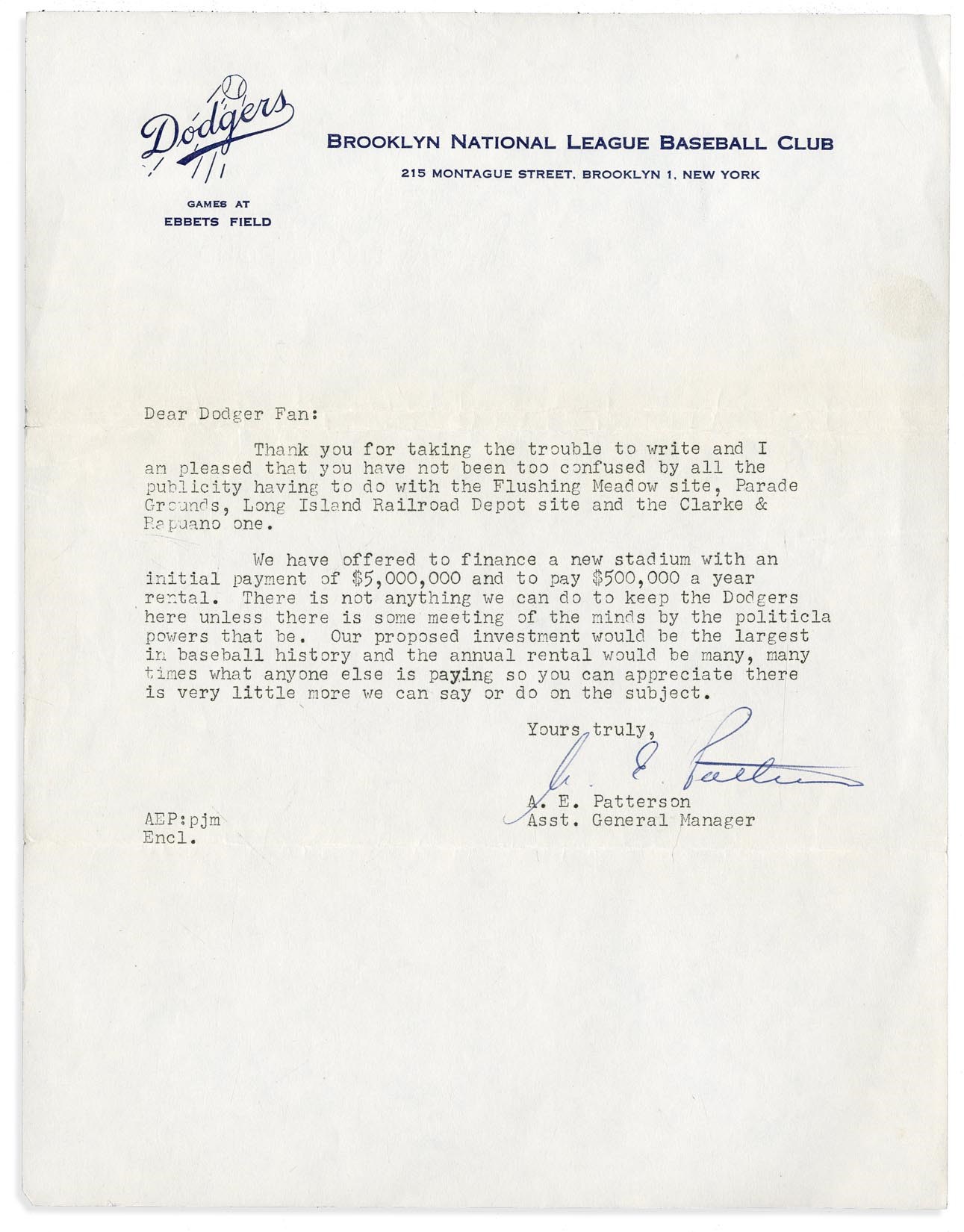 - 1957 Dodgers Leaving Brooklyn "Official Announcement" Letter