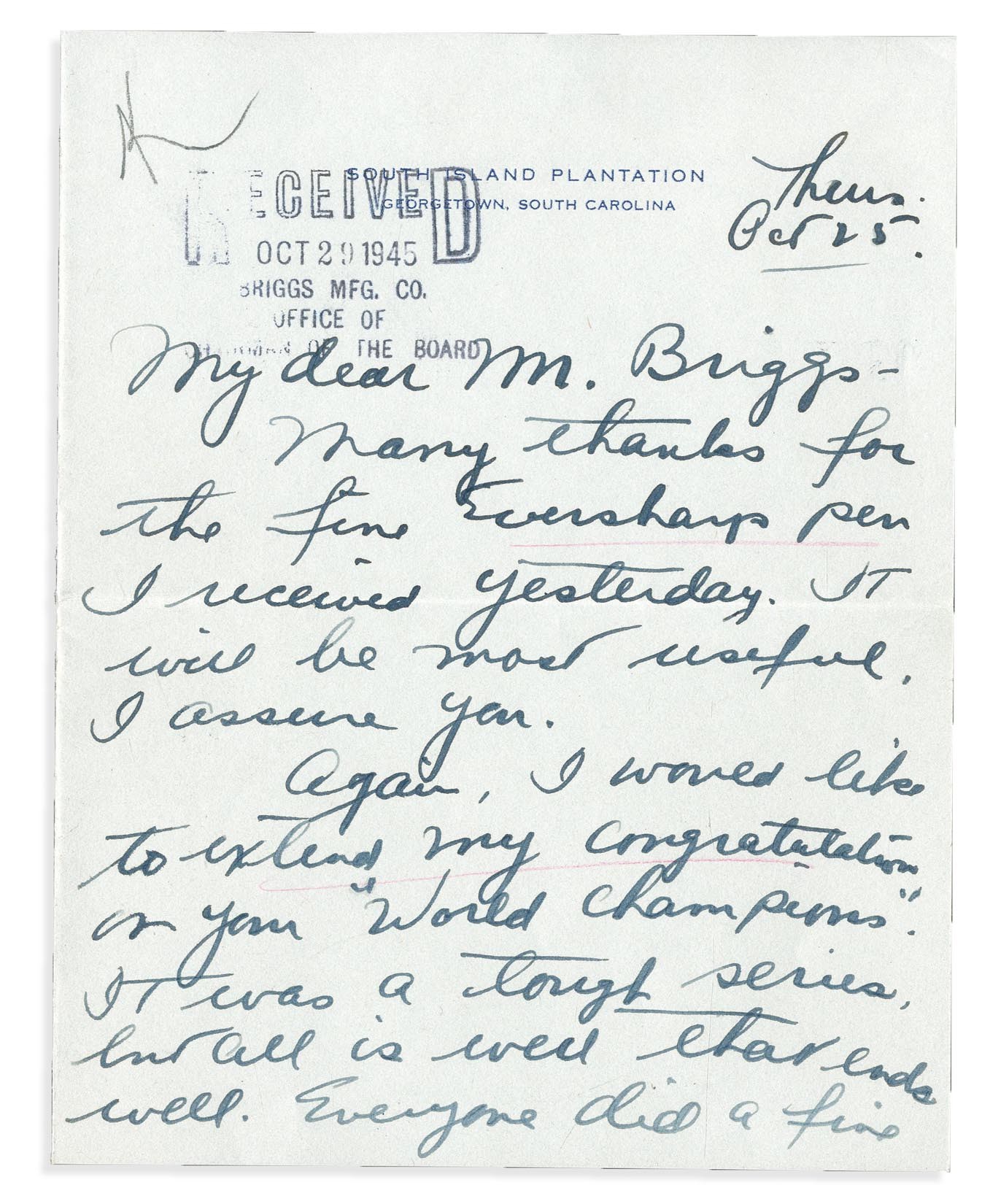 - 1945 Boston Red Sox Owner Tom Yawkey "Southern Plantation" Handwritten Letter (PSA)