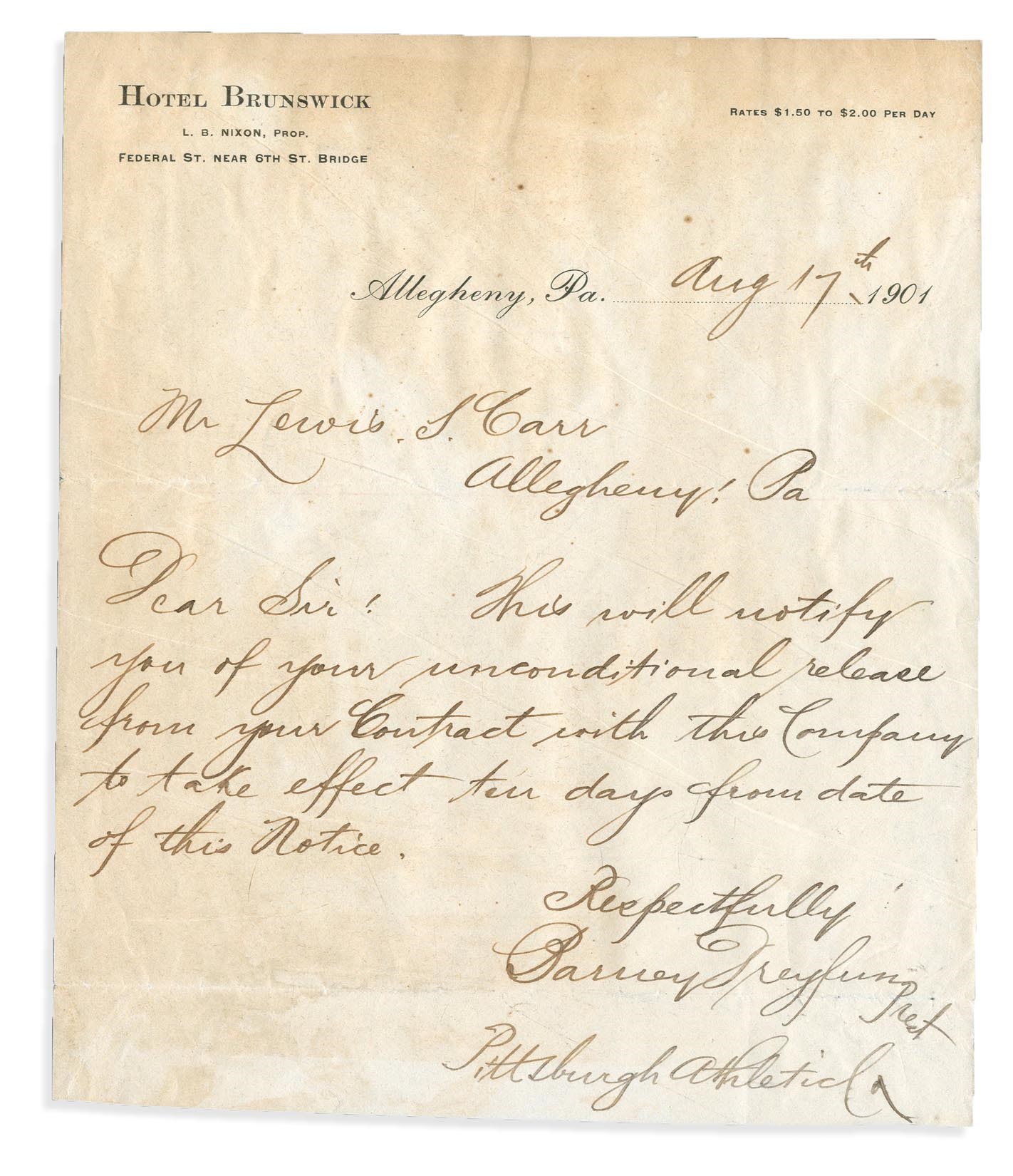 Baseball Autographs - Barney Dreyfuss 1901 National League Champion Pittsburgh Pirates Handwritten Letter (PSA)