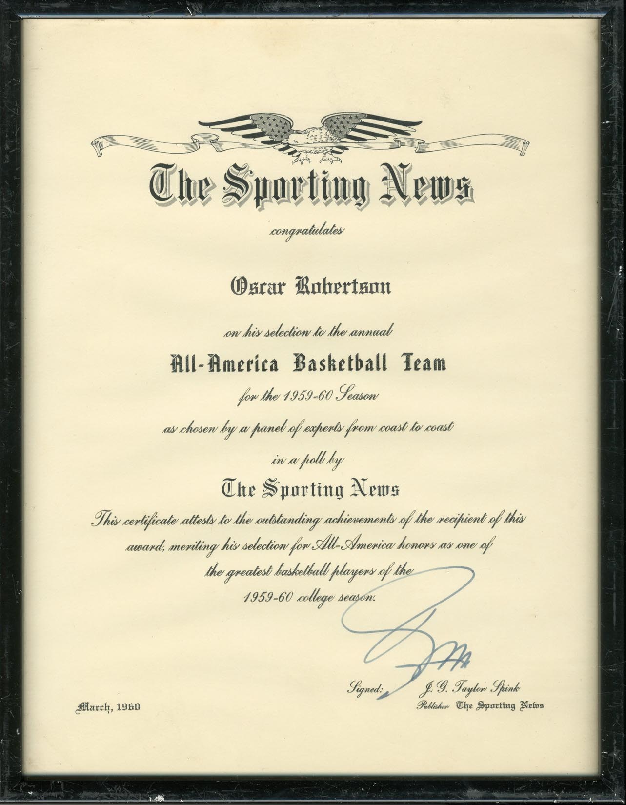 The Oscar Robertson Collection - 1959-60 Oscar Robertson All-American Basketball Team Certificate
