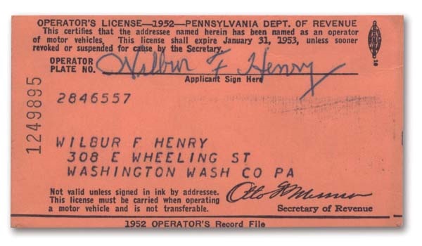 - 1952 Wilbur "Fats" Henry Signed Driver's License