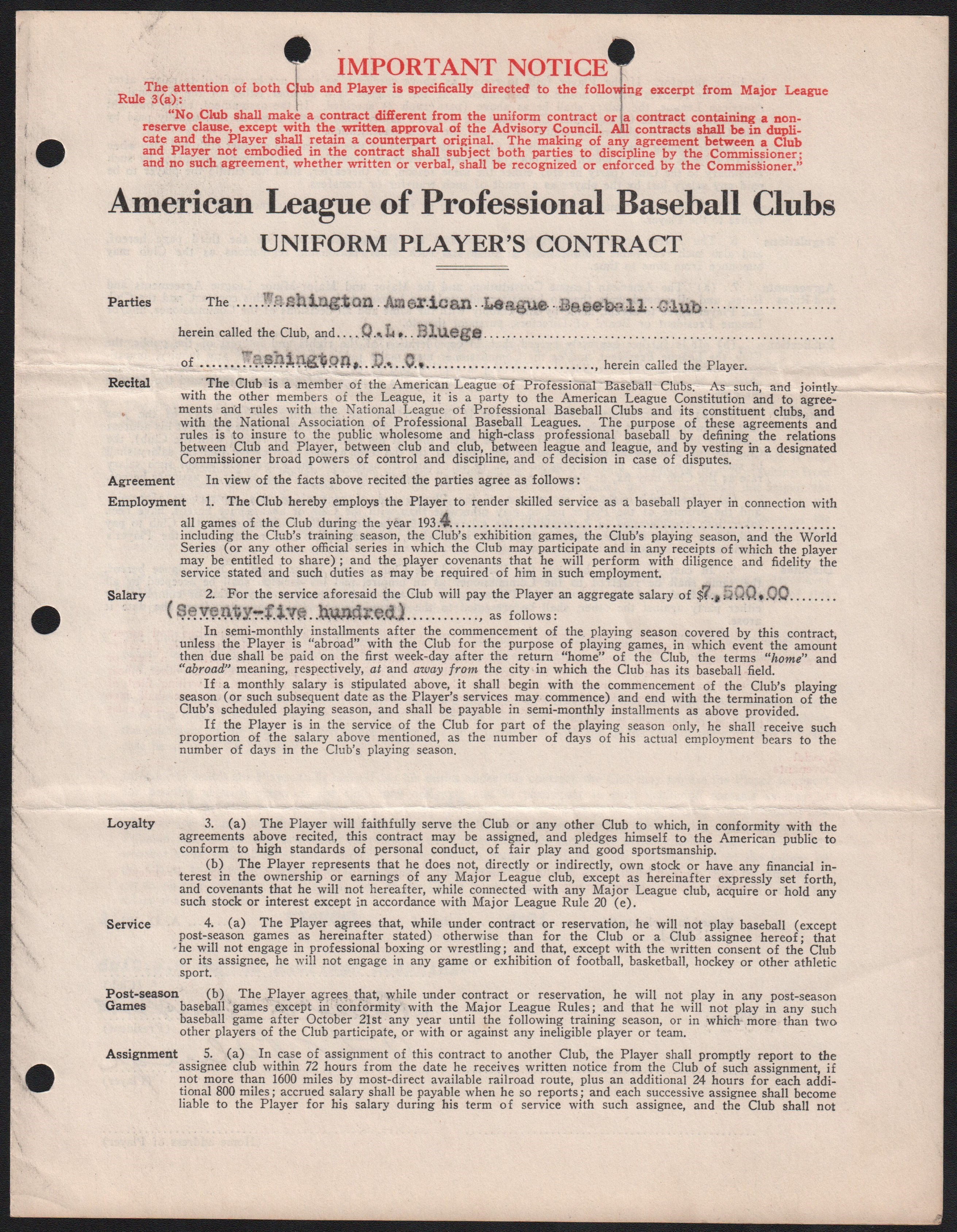 - 1934 Ossie Bluege Washington Senators Baseball Contract Signed by Clark Griffith