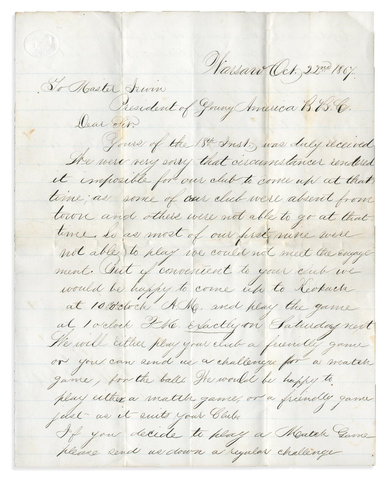 Baseball Autographs - 1867 Iowa "Match Game" for the Trophy Baseball Letter