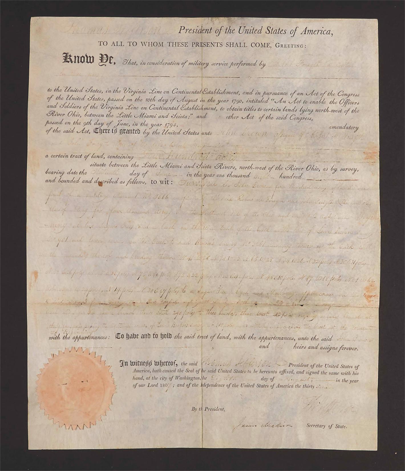 - 1807 Thomas Jefferson Signed Land Grant Document (PSA)
