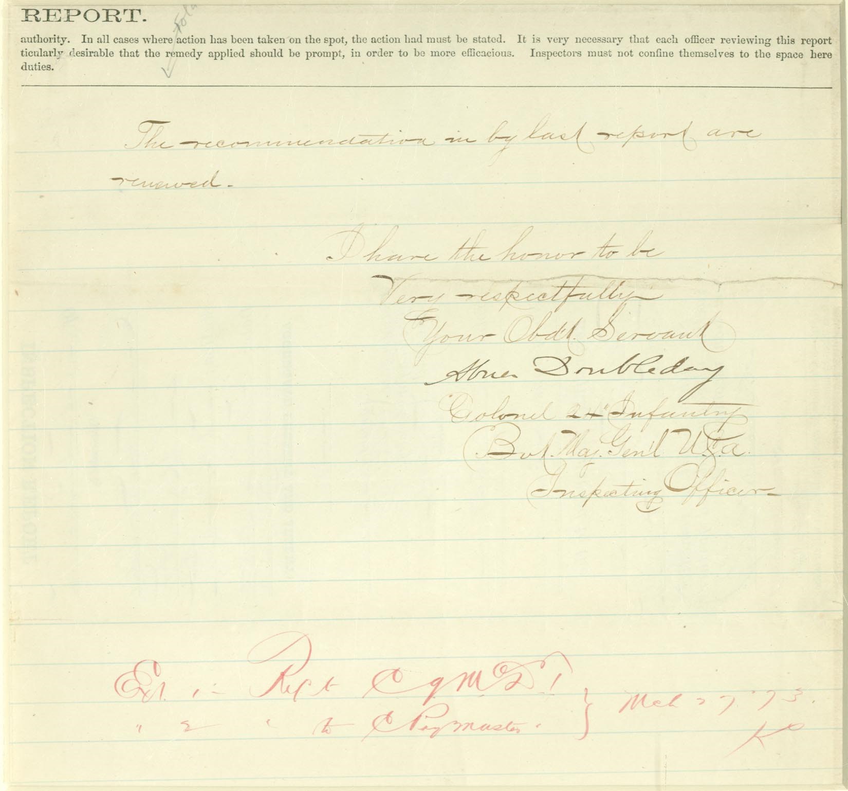 Baseball Autographs - Abner Doubleday Signed Document (PSA)
