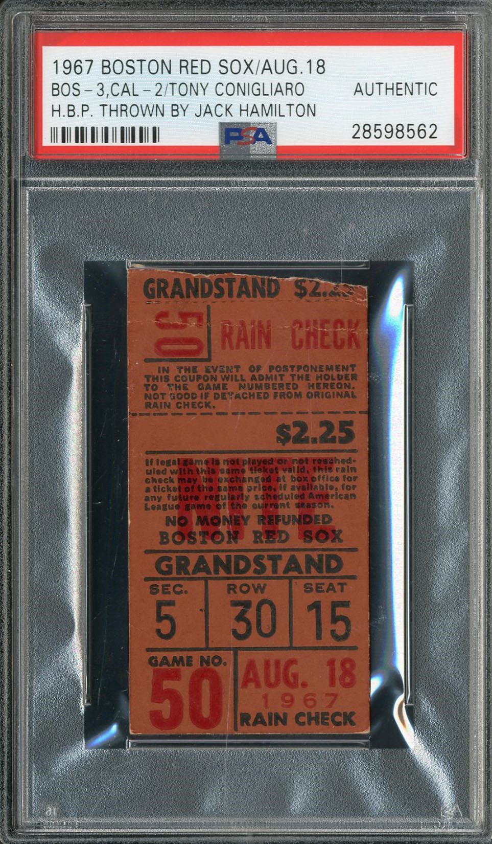 Baseball Memorabilia - Infamous 1967 Tony Conigliaro Beaning Ticket (PSA)