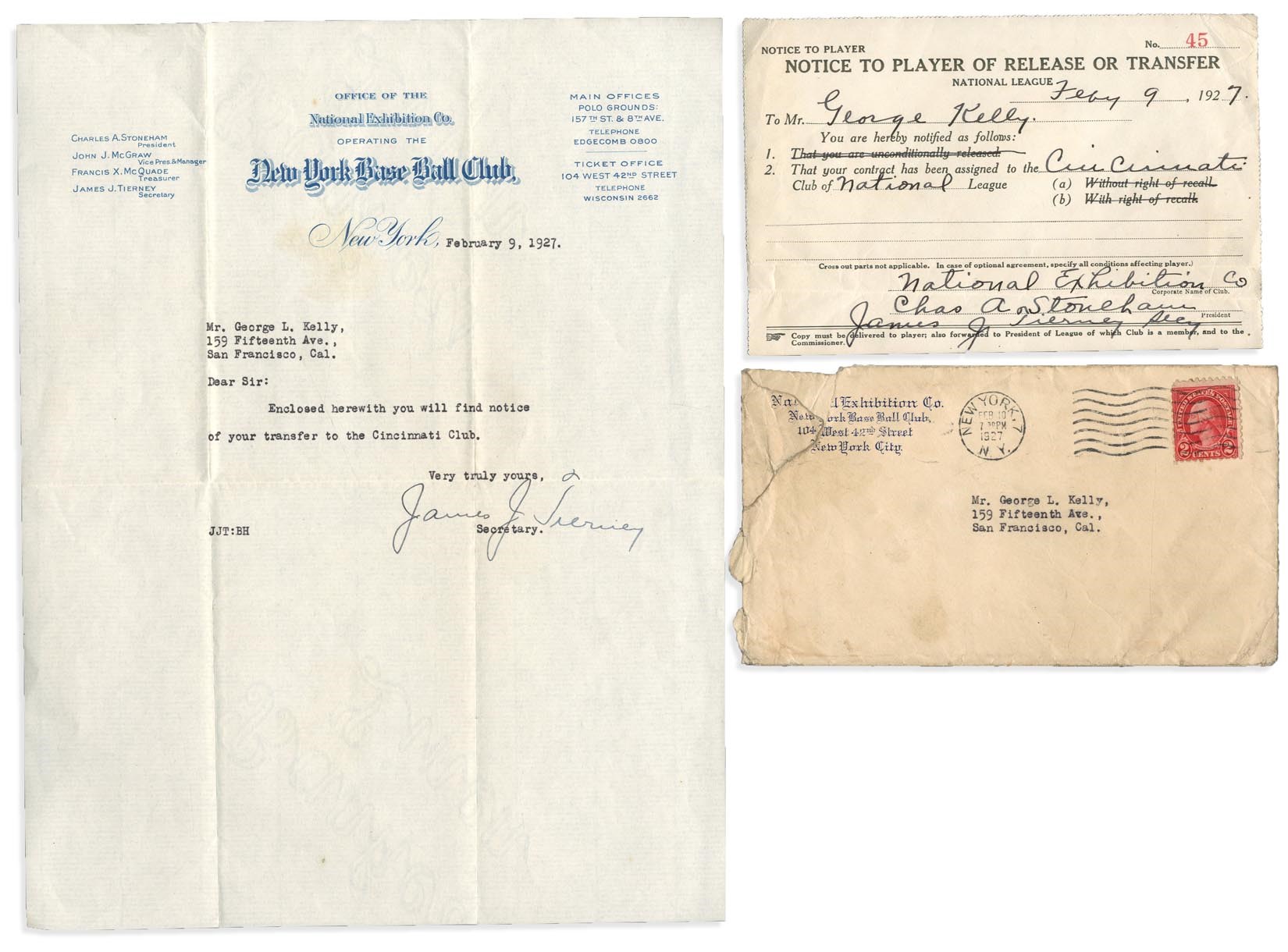 Baseball Autographs - Important 1927 George Kelly for Edd Roush Trade Documents (3)