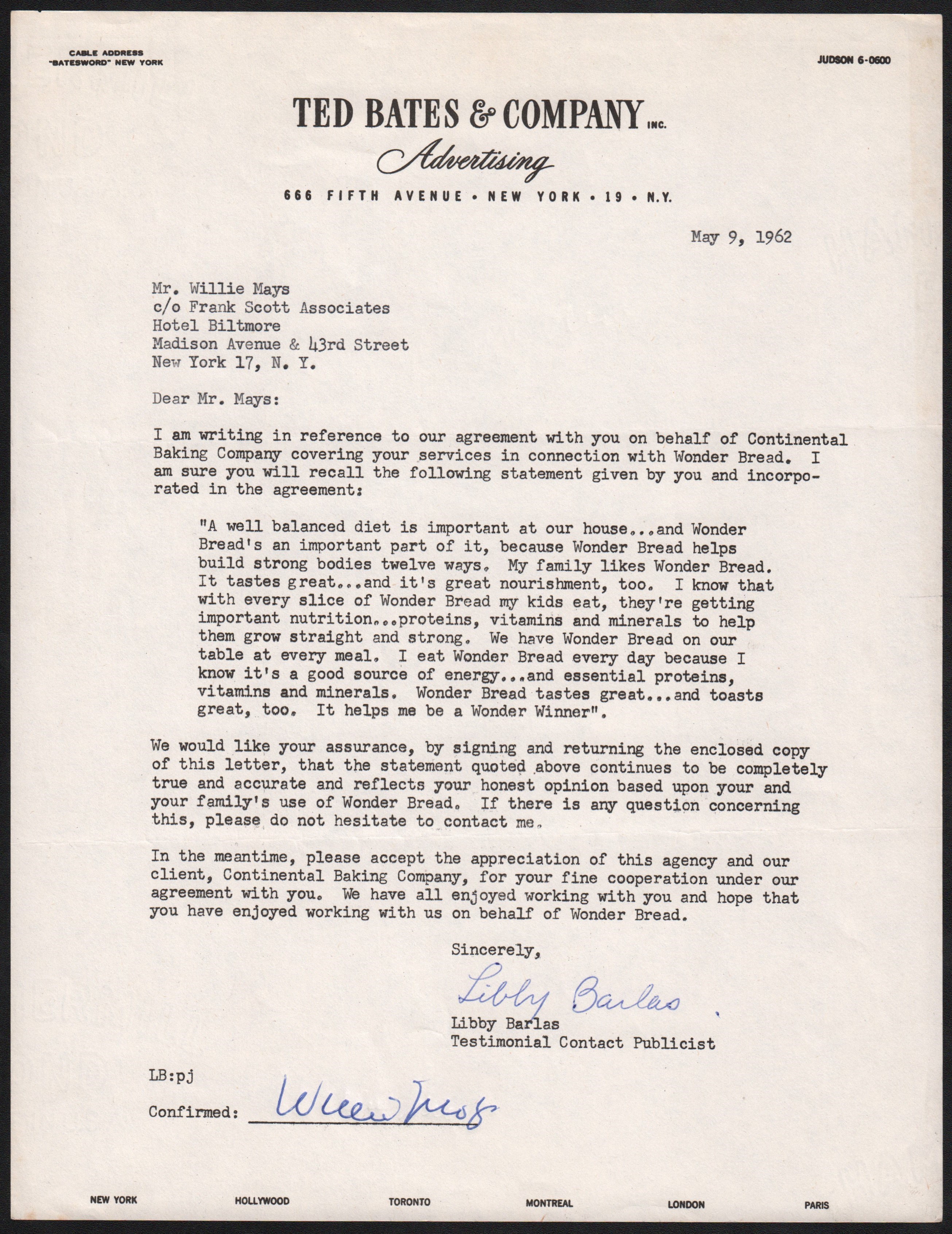 - 1962 Willie Mays Wonder Bread Testimonial Letter