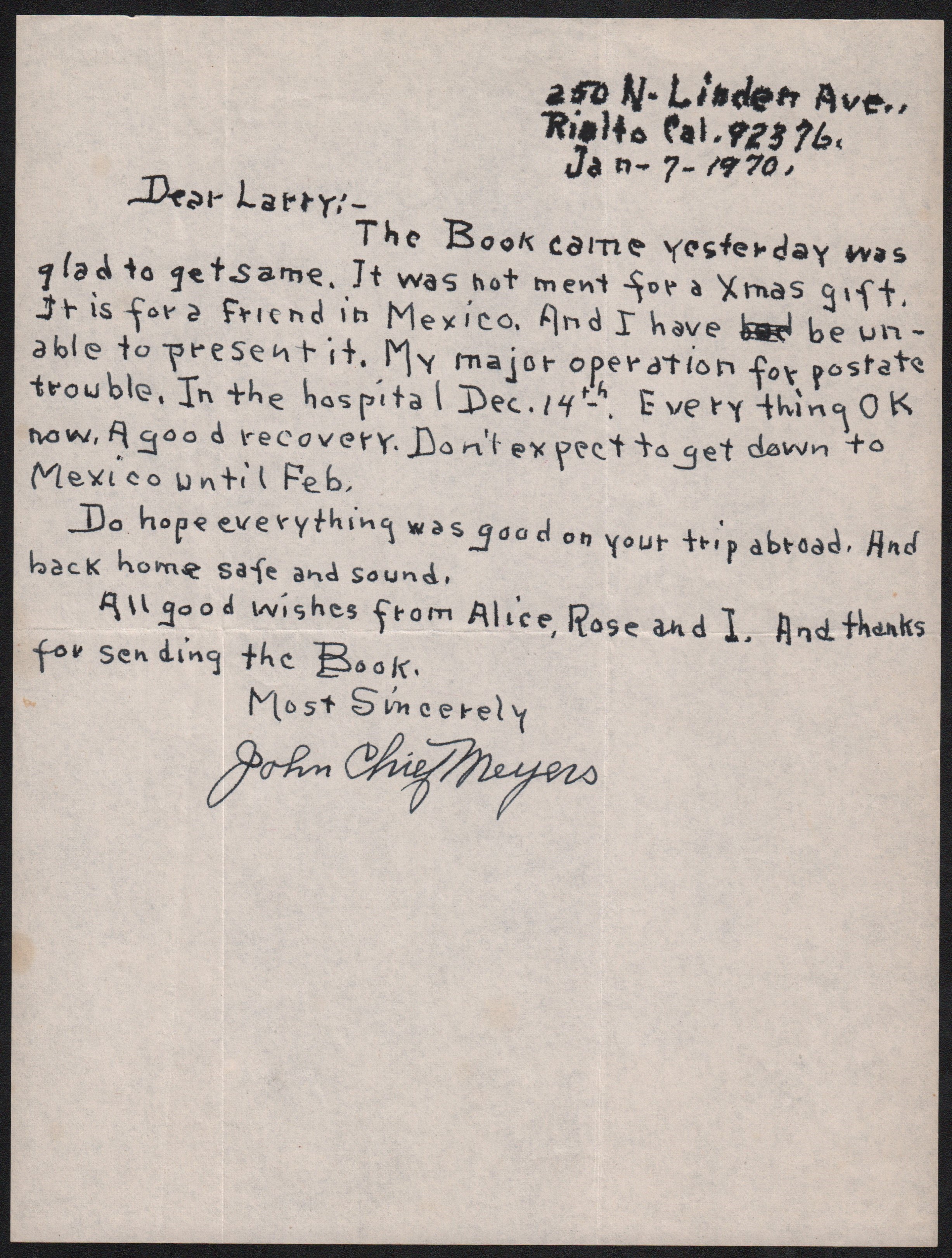 - 1970 Chief Meyers Handwritten "Glory of their Times" Letter to Author Larry Ritter